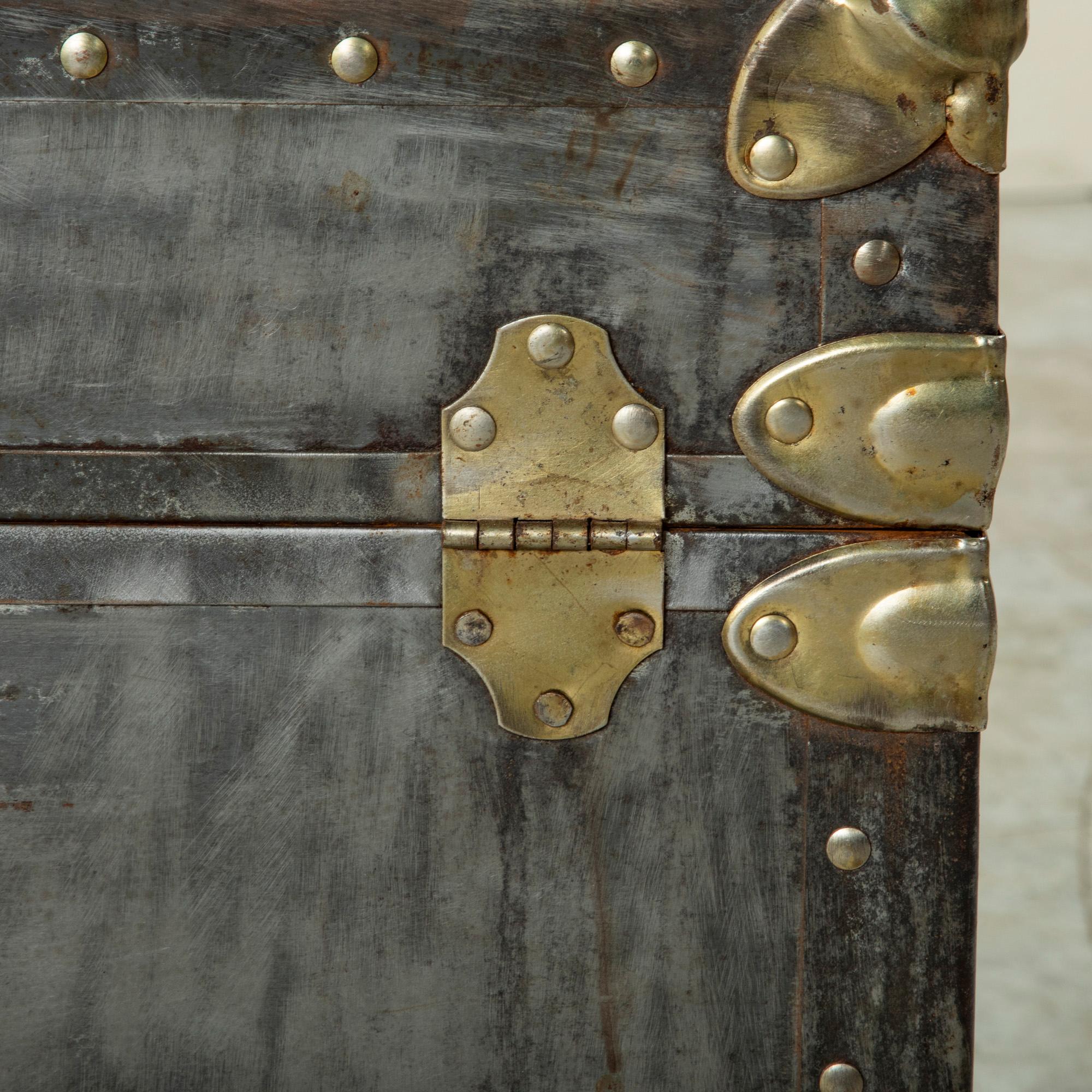 Mid-20th Century French Steel and Chrome Trunk with Brass Details, Pine Interior 13