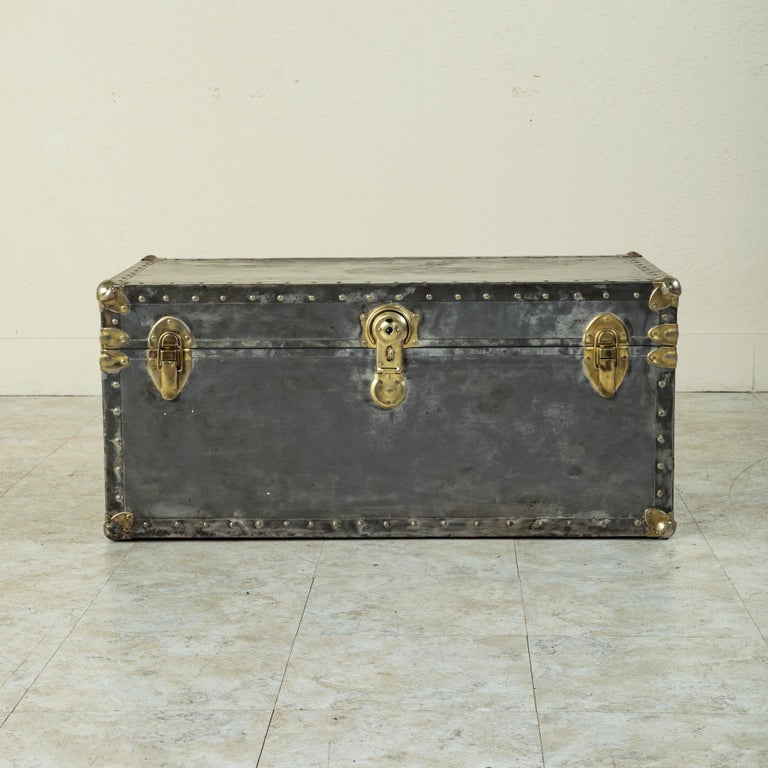 Mid-20th Century French Steel and Chrome Trunk with Brass Details, Pine Interior In Good Condition For Sale In Fayetteville, AR