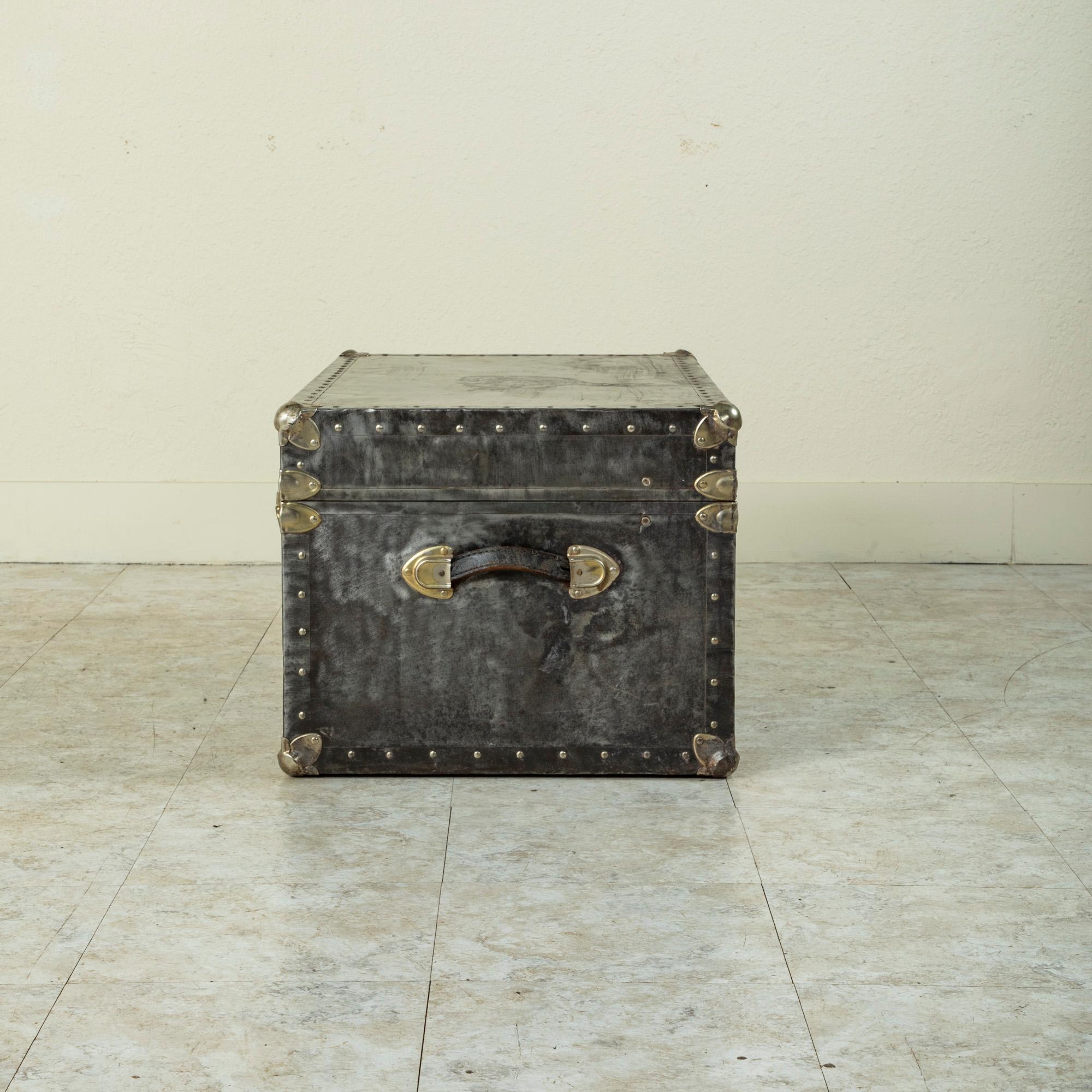 Mid-20th Century French Steel and Chrome Trunk with Brass Details, Pine Interior 1