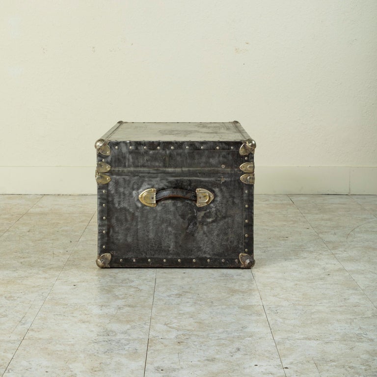Mid-20th Century French Steel and Chrome Trunk with Brass Details, Pine Interior For Sale 1