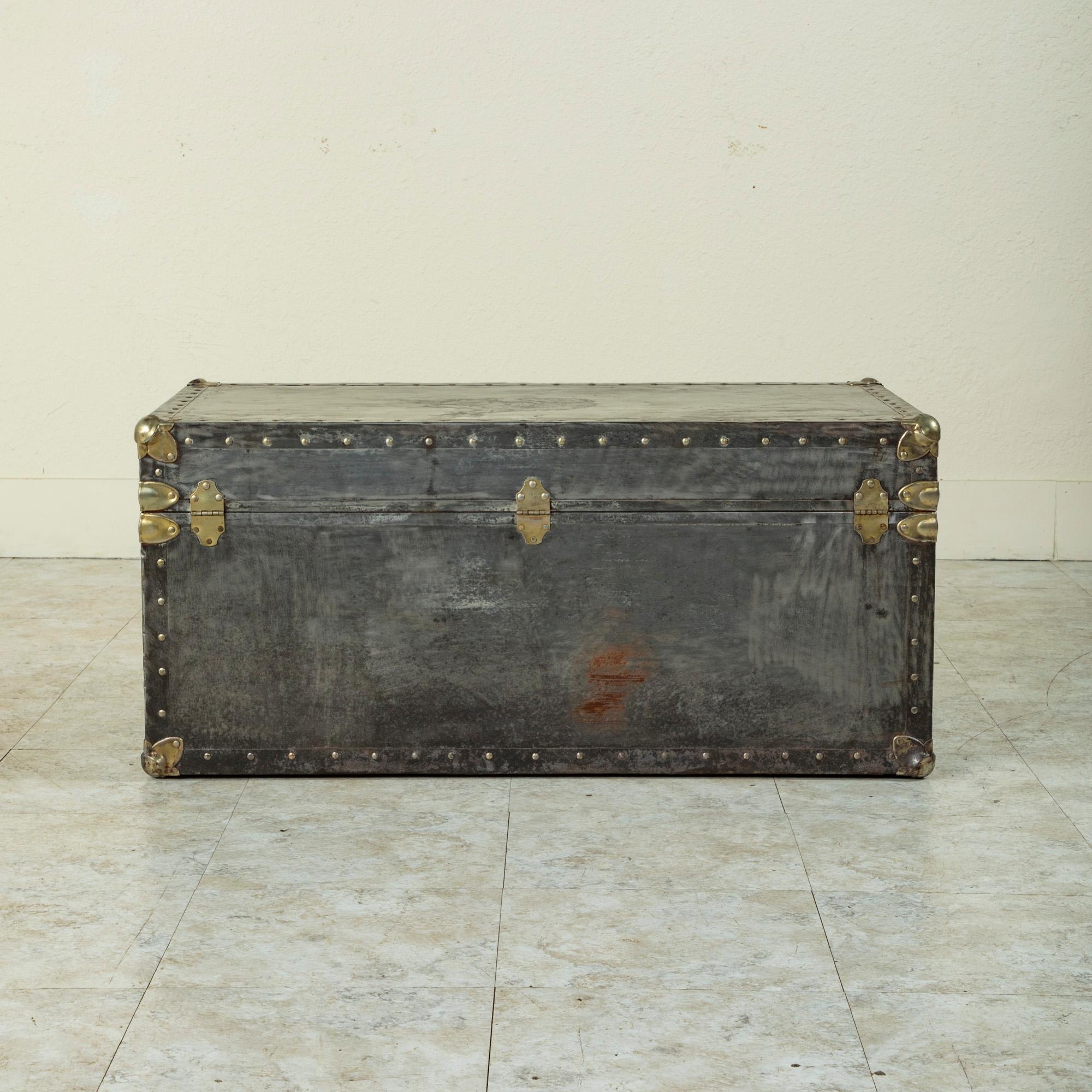 Mid-20th Century French Steel and Chrome Trunk with Brass Details, Pine Interior 2