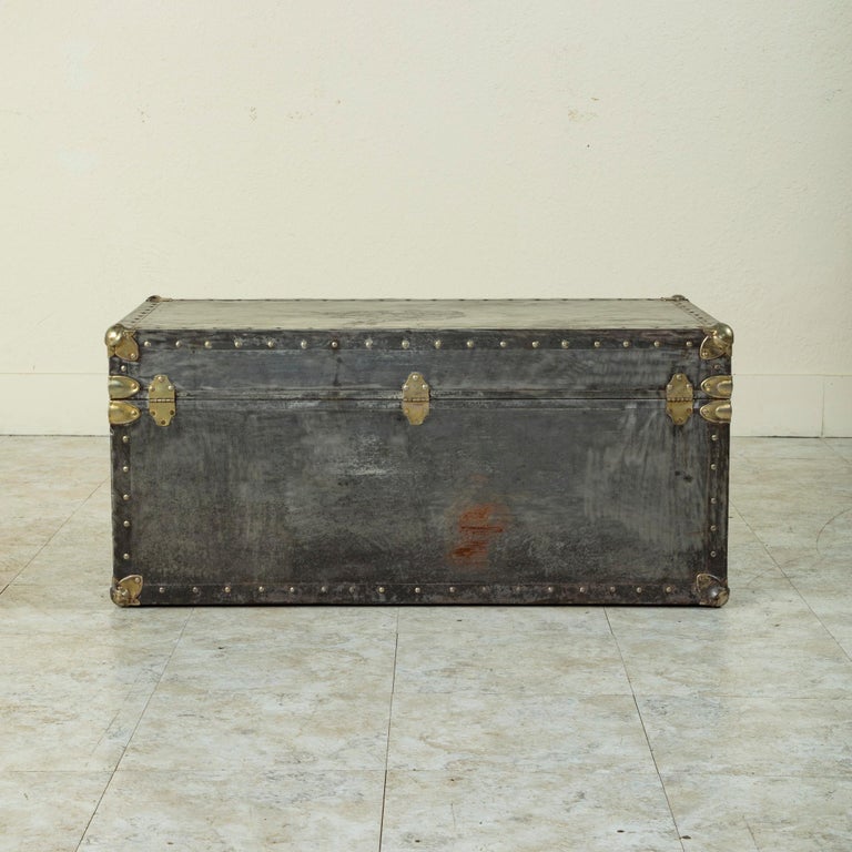 Mid-20th Century French Steel and Chrome Trunk with Brass Details, Pine Interior For Sale 2