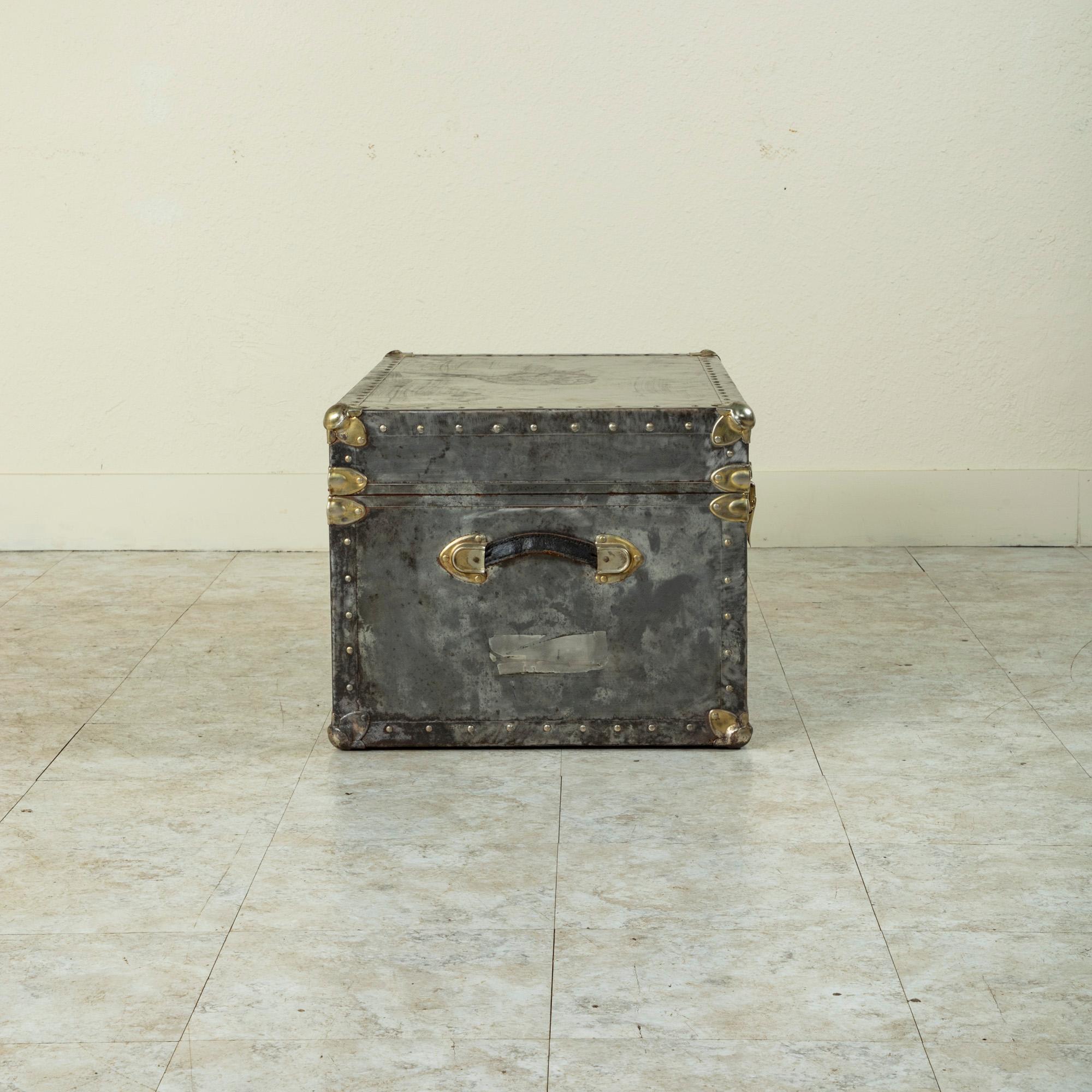 Mid-20th Century French Steel and Chrome Trunk with Brass Details, Pine Interior 3