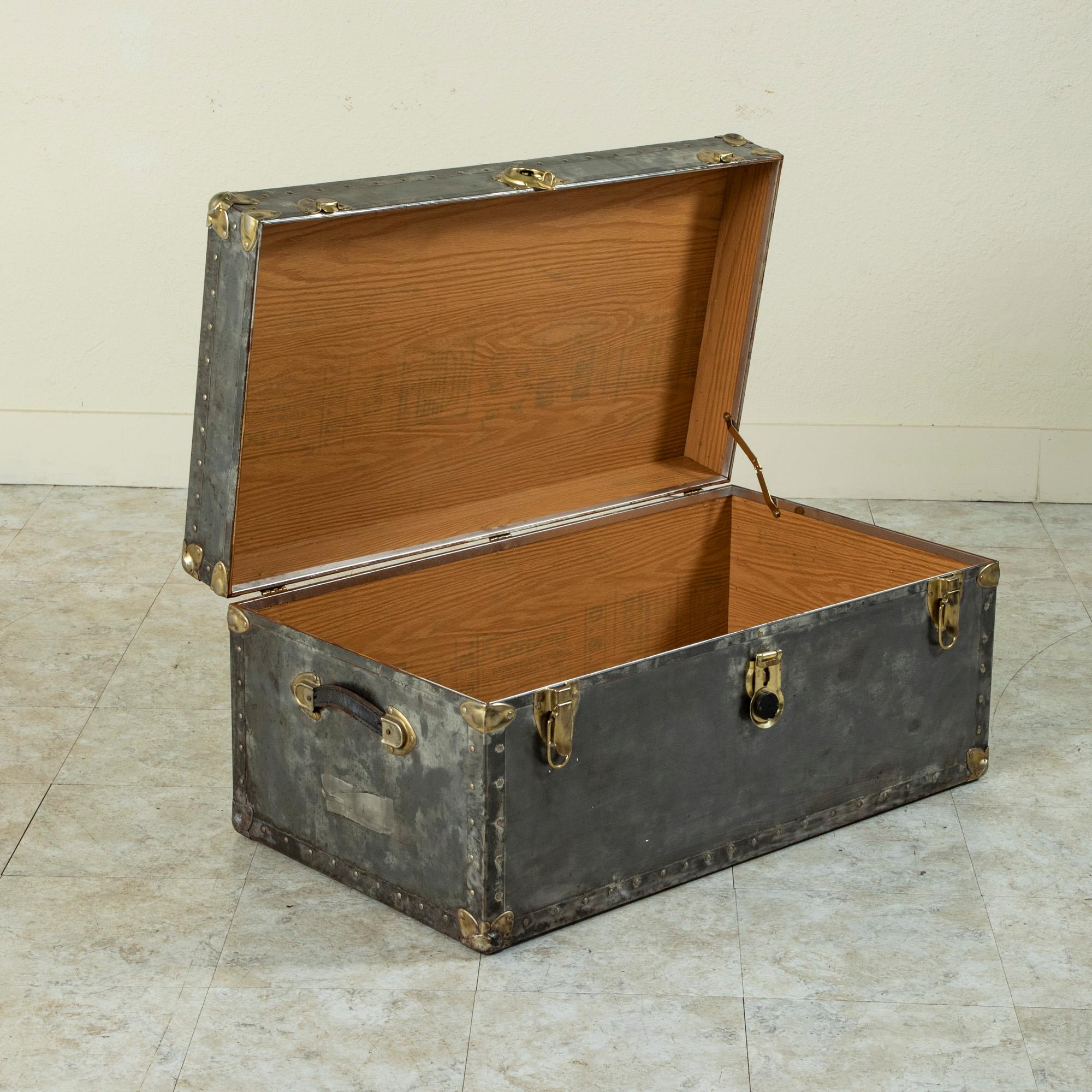 Mid-20th Century French Steel and Chrome Trunk with Brass Details, Pine Interior 4