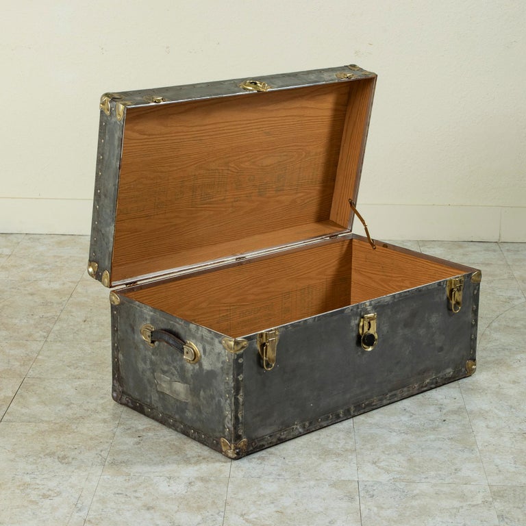 Mid-20th Century French Steel and Chrome Trunk with Brass Details, Pine Interior For Sale 4
