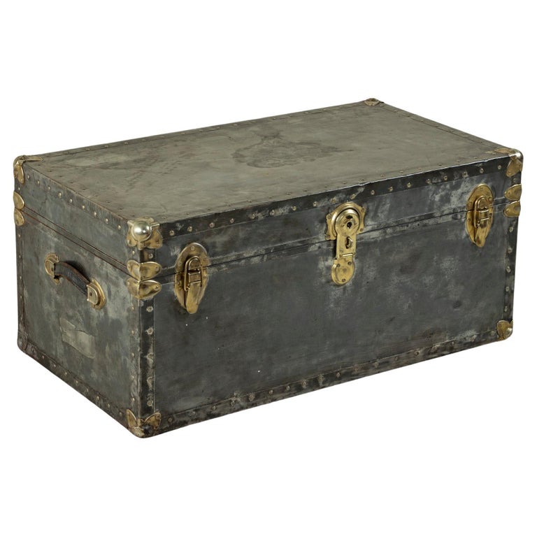 Mid-20th Century French Steel and Chrome Trunk with Brass Details, Pine Interior For Sale