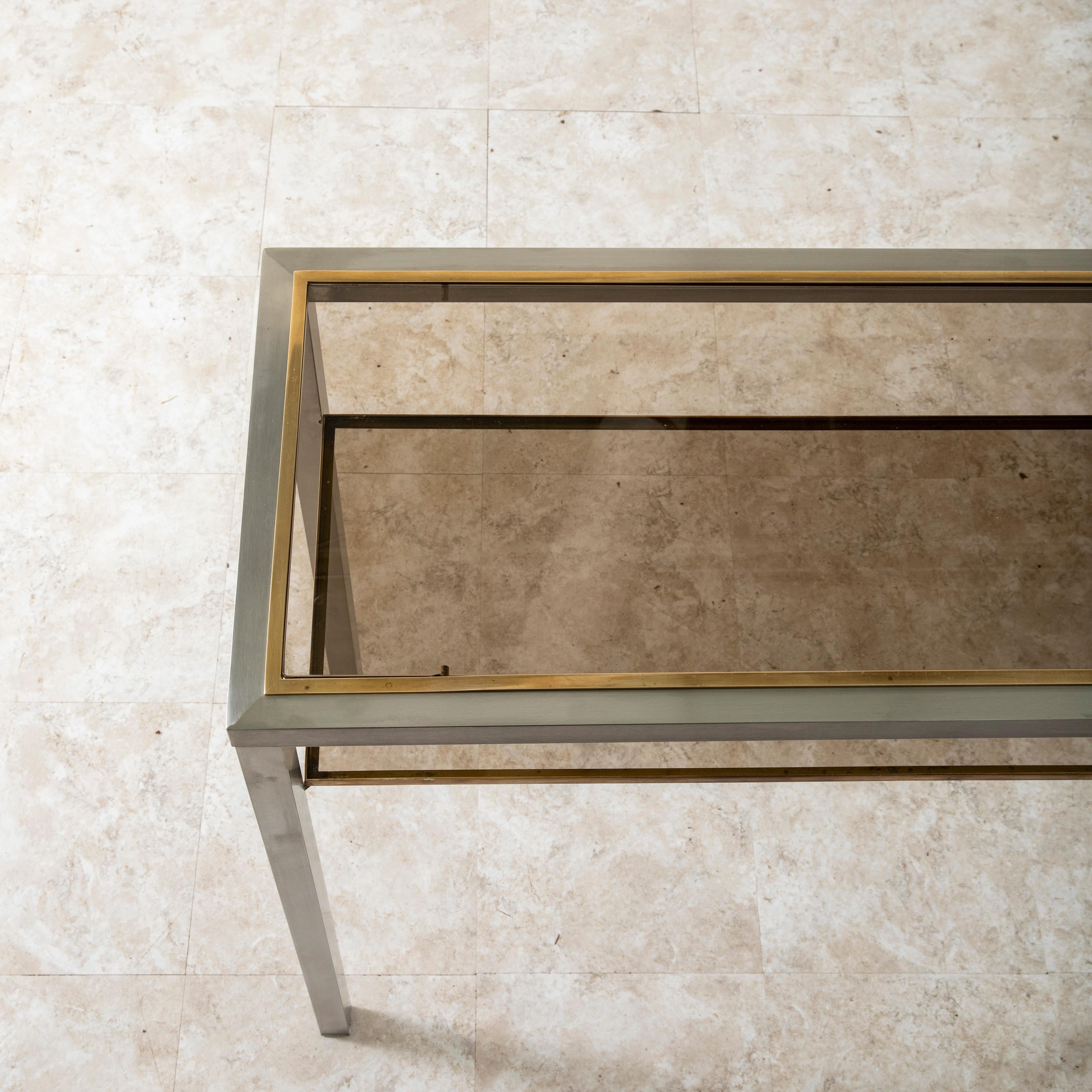 Mid-20th Century French Steel, Brass, and Smoked Glass Console Table, Sofa Table 3