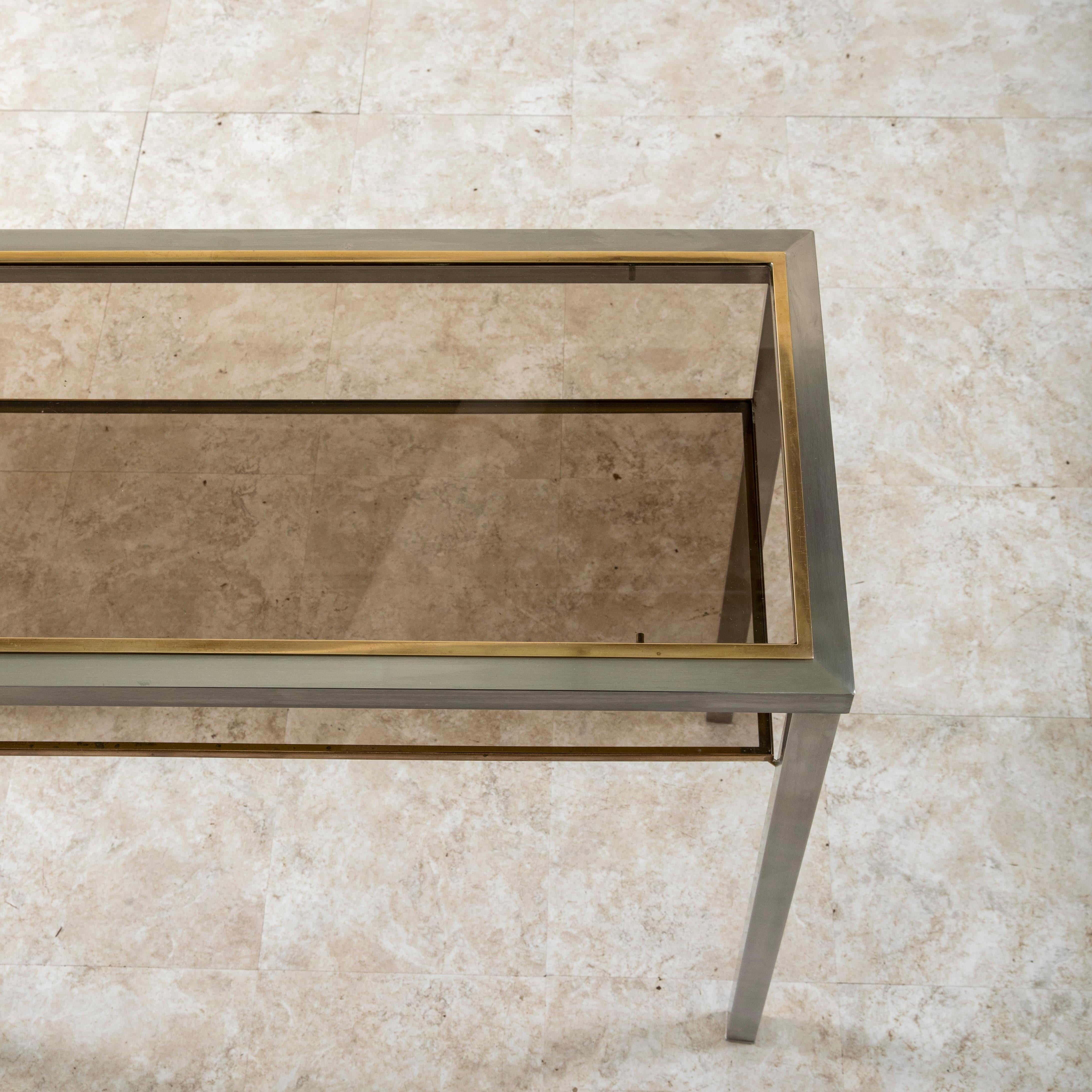 Mid-20th Century French Steel, Brass, and Smoked Glass Console Table, Sofa Table 4