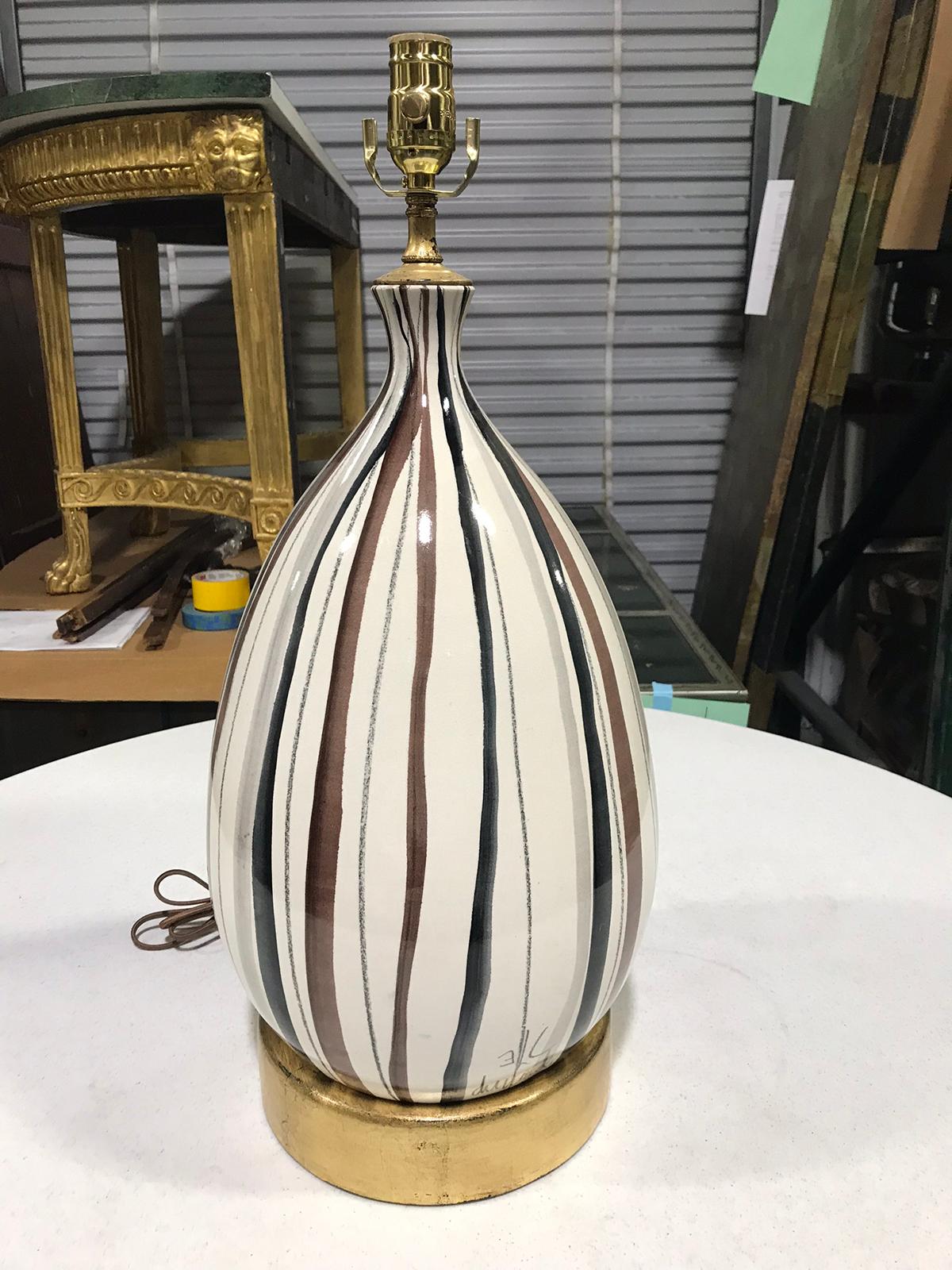 Mid-20th century French striped pottery lamp, signed
New wiring.