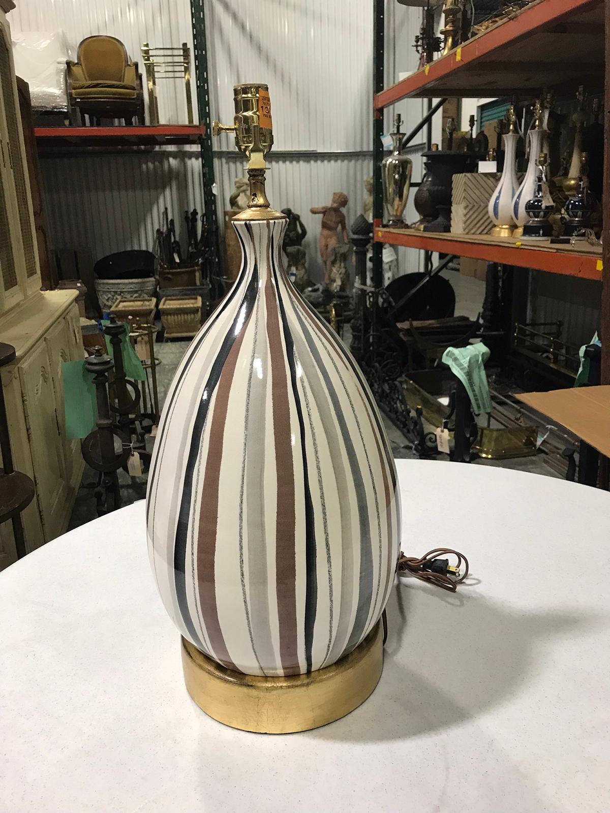 Mid-20th Century French Striped Pottery Lamp, Signed In Good Condition In Atlanta, GA