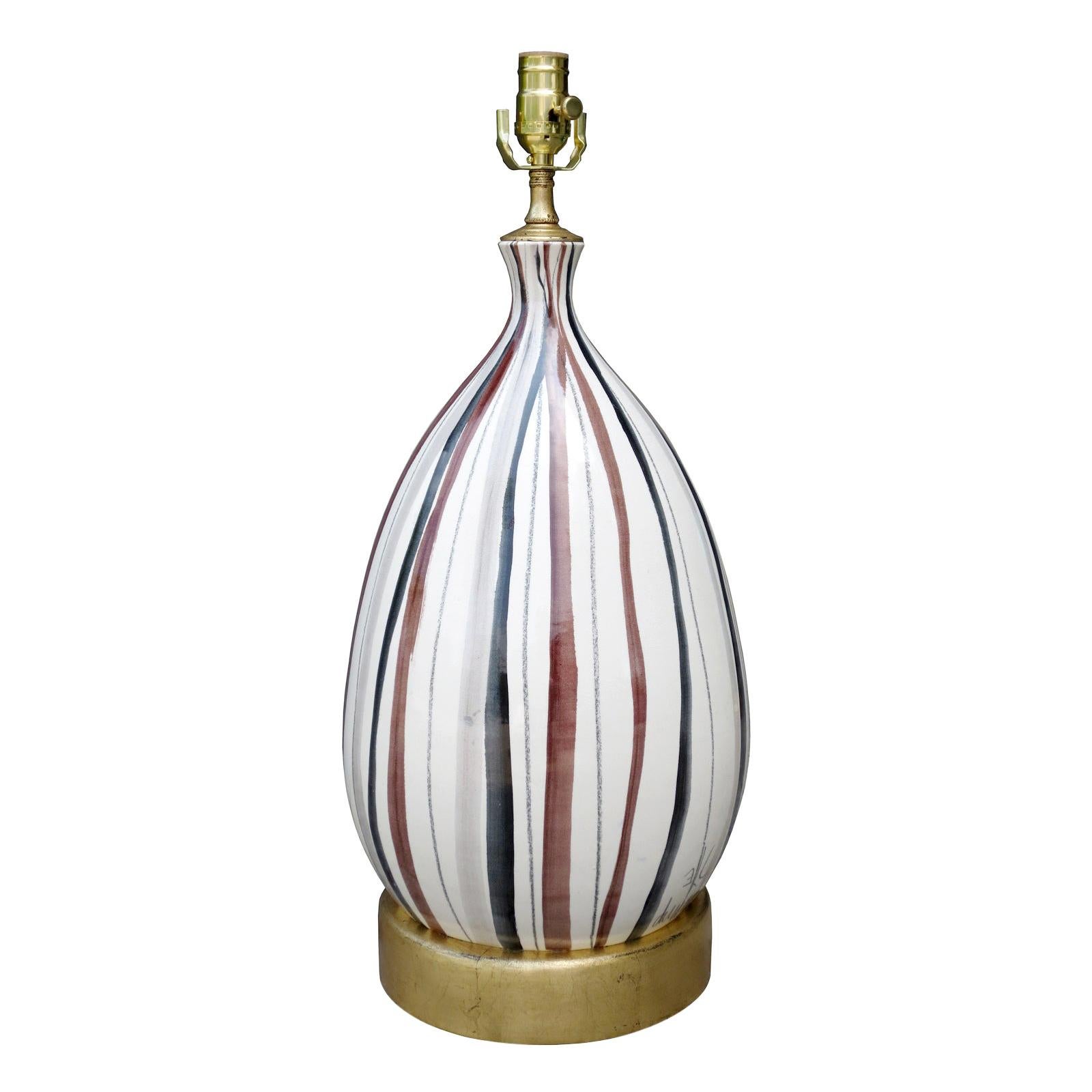 Mid-20th Century French Striped Pottery Lamp, Signed
