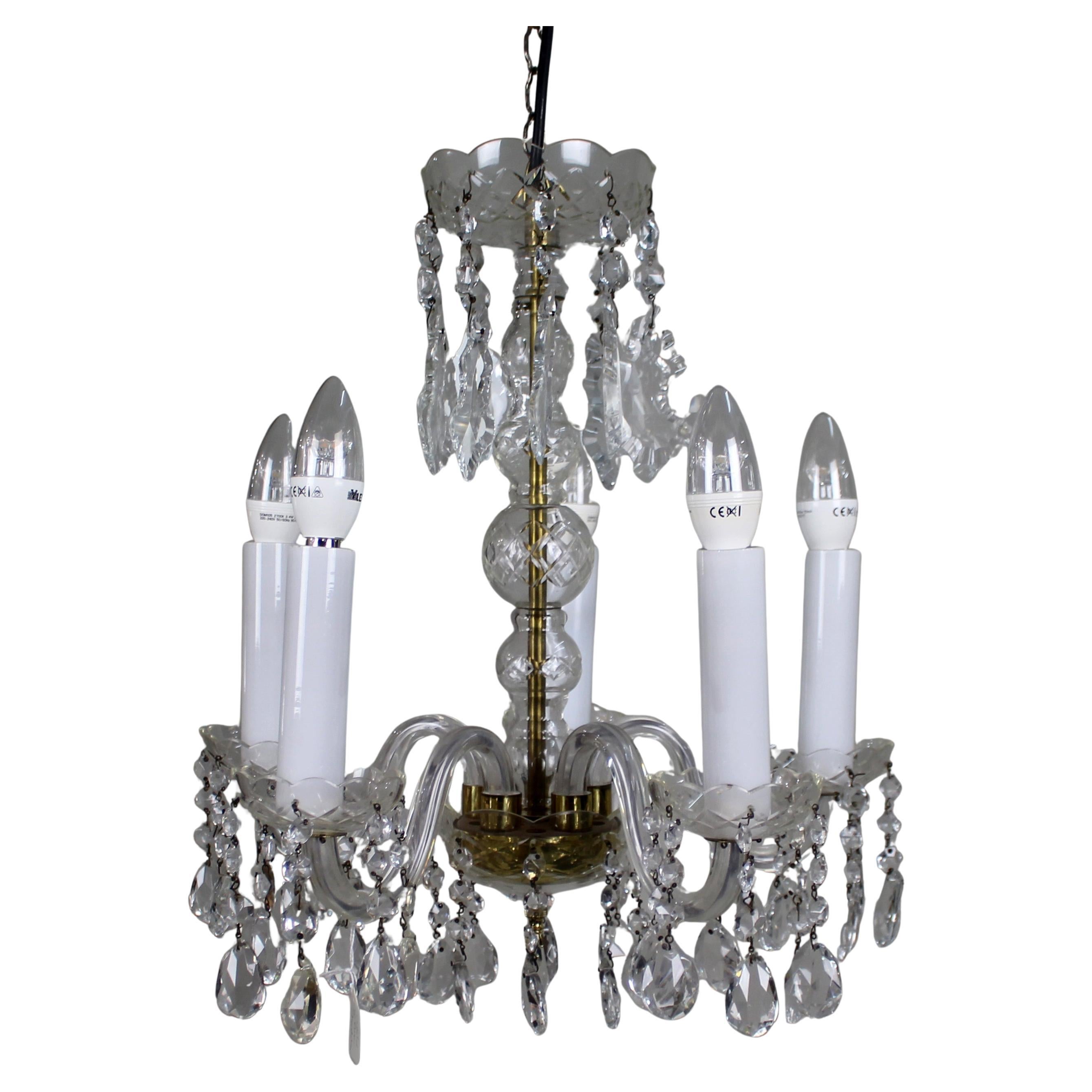 Mid-20th Century French Style 5-Arm Cut Glass and Crystal Chandelier