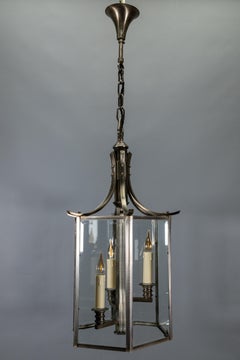 Mid-20th Century French Style Patinated Brass and Glass Three-Light Lantern