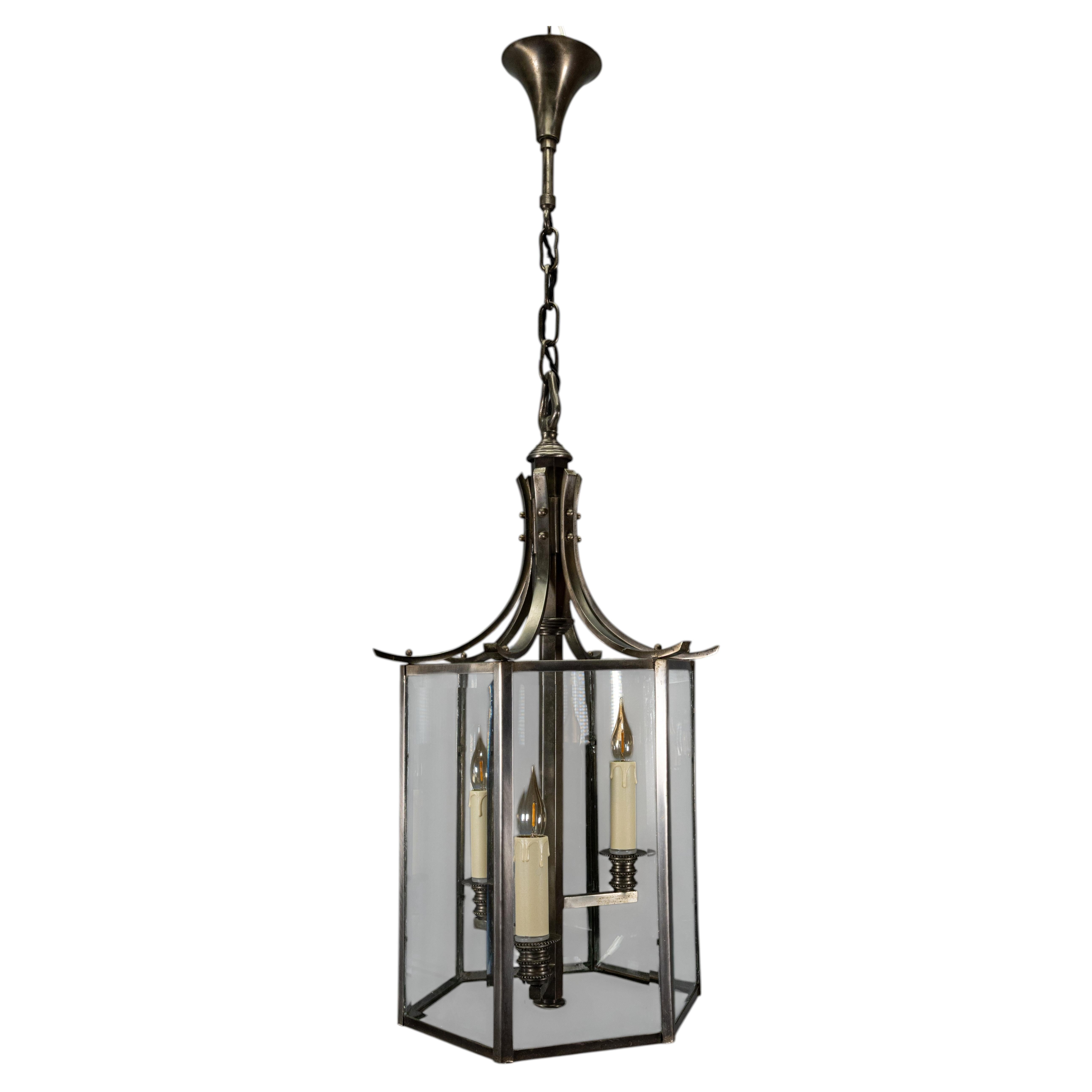 Mid-20th Century French Style Patinated Brass and Glass Three-Light Lantern For Sale