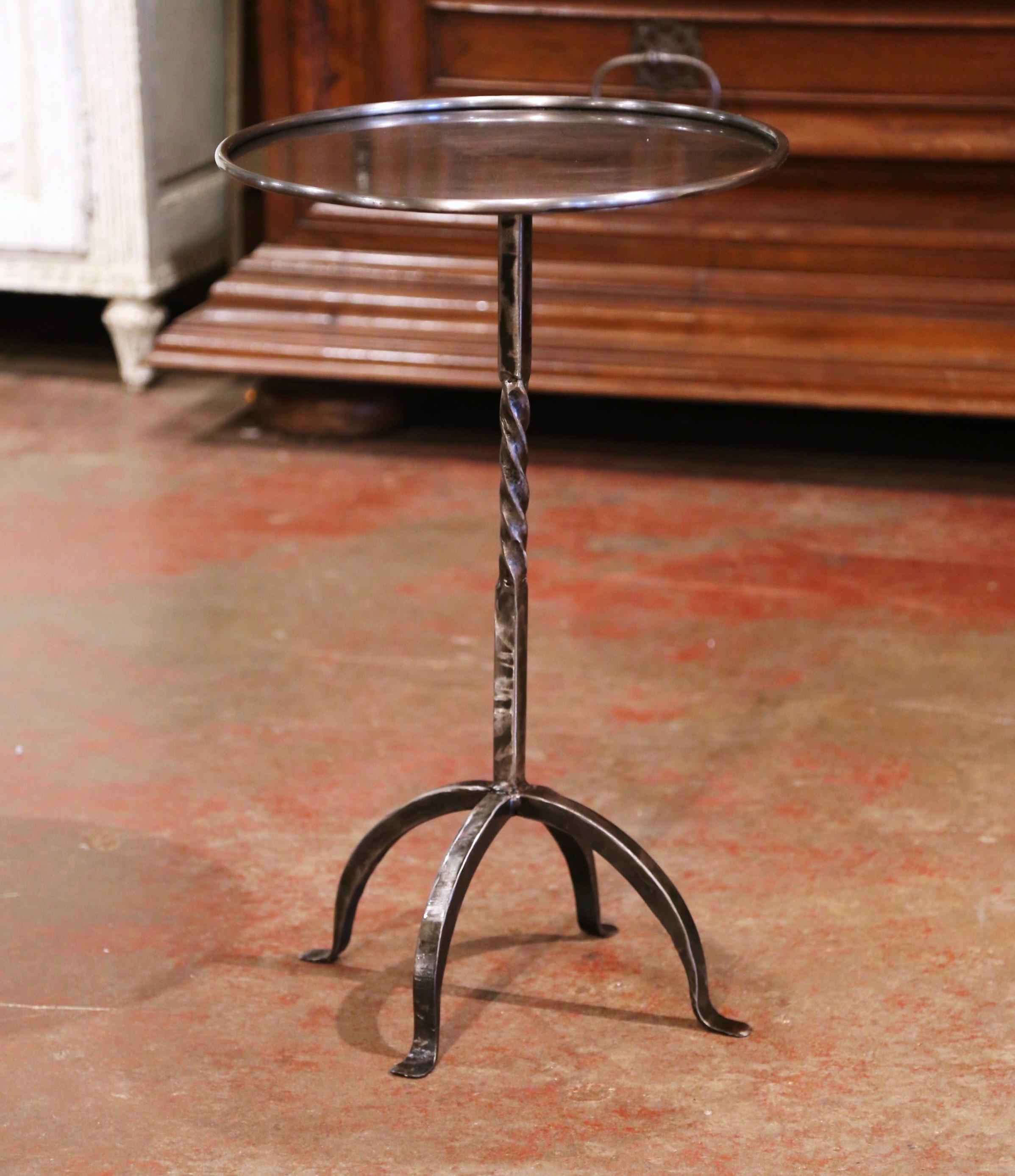 Forged Mid-20th Century French Style Polished Iron Pedestal Martini Side Table