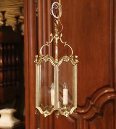 Mid-20th Century French Three-Light Hexagonal Bronze Lantern with Glass Panels