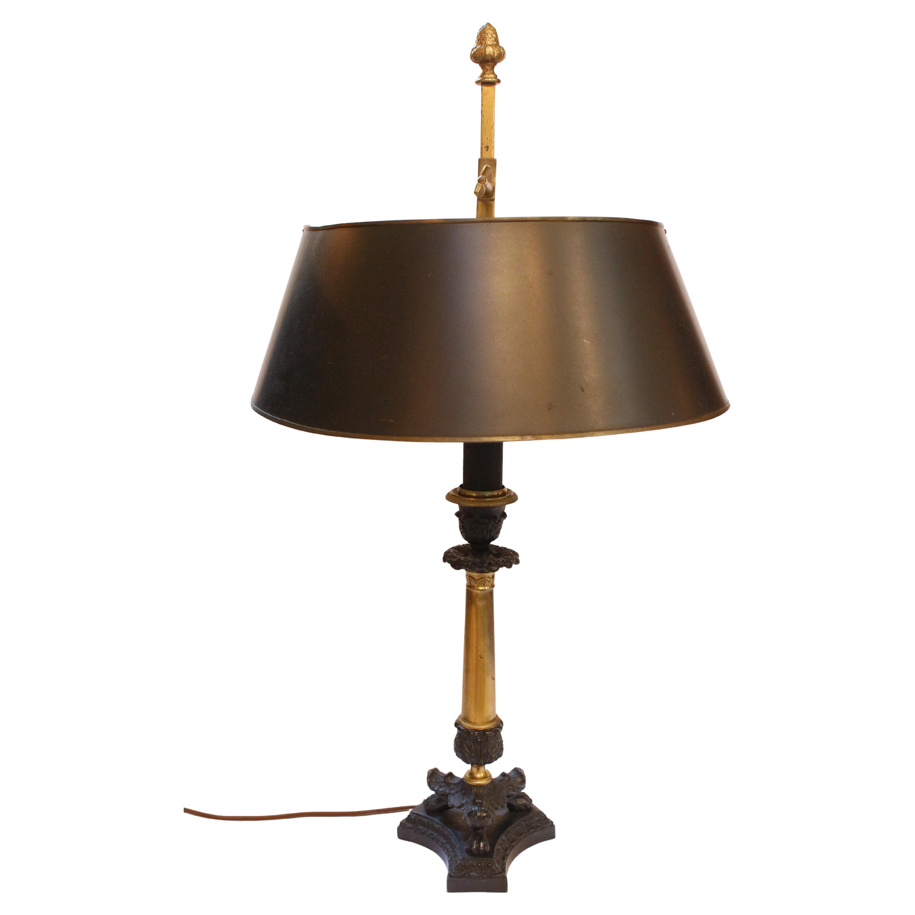 Mid-20th Century French Tole Shaded Cast Iron & Brass Table Lamp For Sale