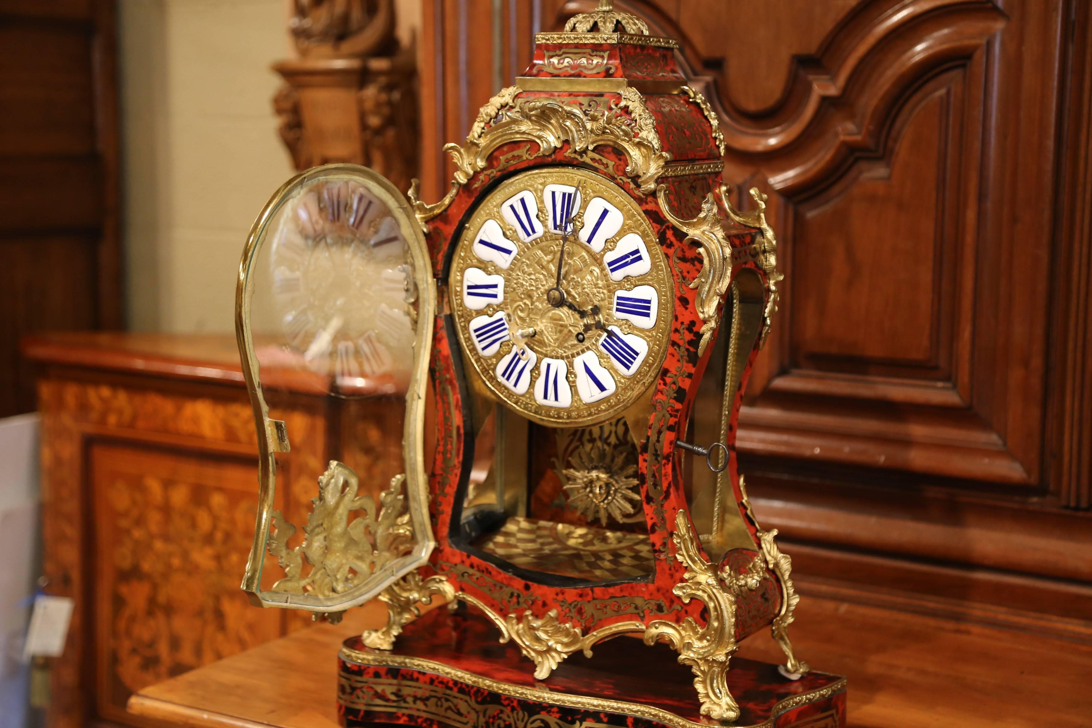 Louis XV Mid-20th Century French Tortoiseshell and Bronze Boulle Mantel Clock on Base For Sale