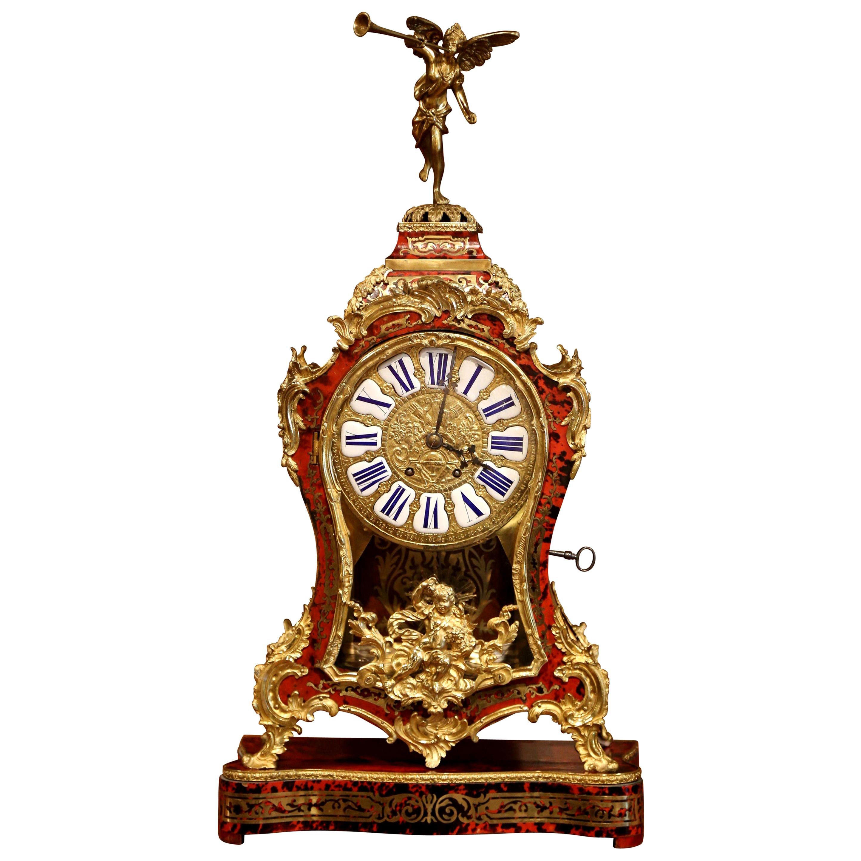 Mid-20th Century French Tortoiseshell and Bronze Boulle Mantel Clock on Base
