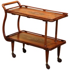Mid-20th Century French Walnut Bentwood Trolley Cart with Inlaid Brass Decor