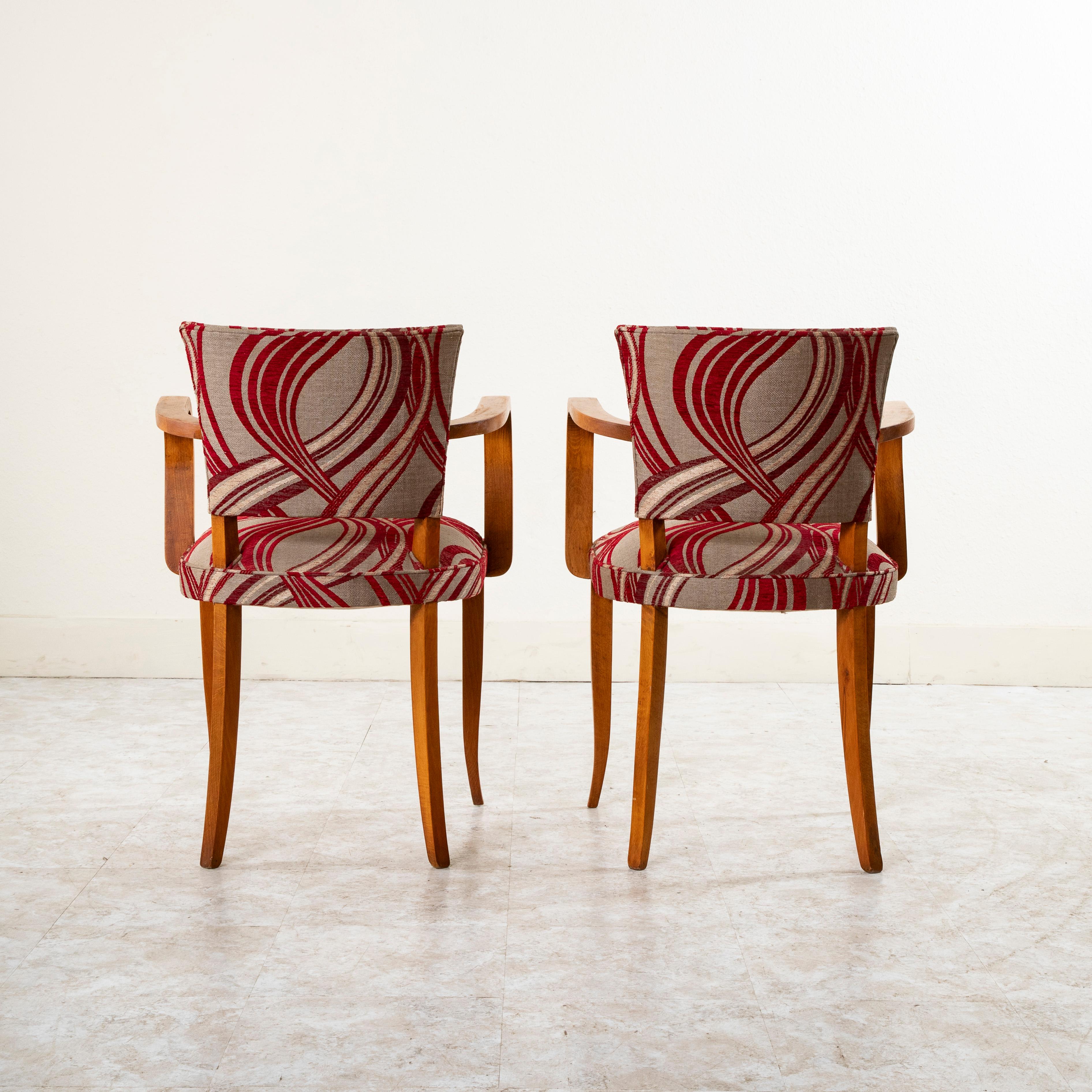 Mid-20th Century French Walnut Bridge Chairs in Red and Gray Upholstery For Sale 13