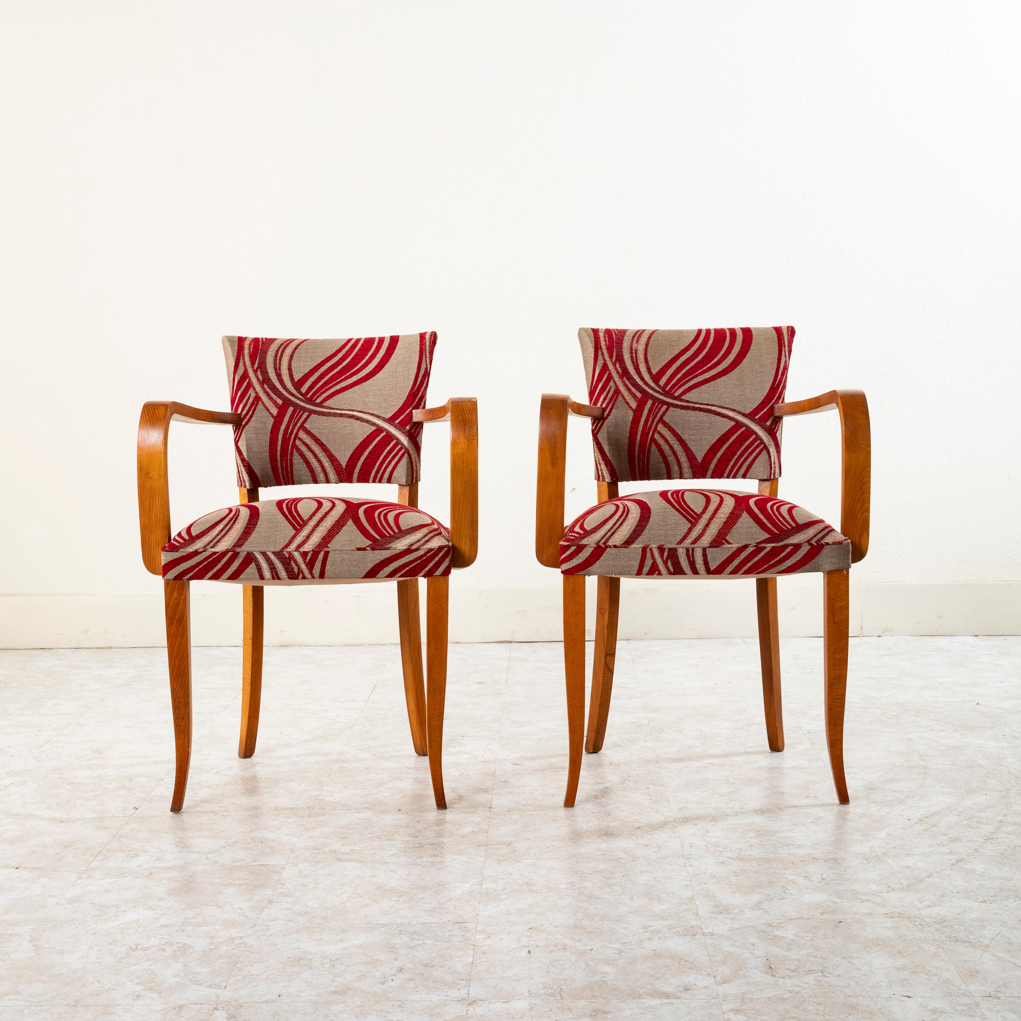 Mid-Century Modern Mid-20th Century French Walnut Bridge Chairs in Red and Gray Upholstery For Sale