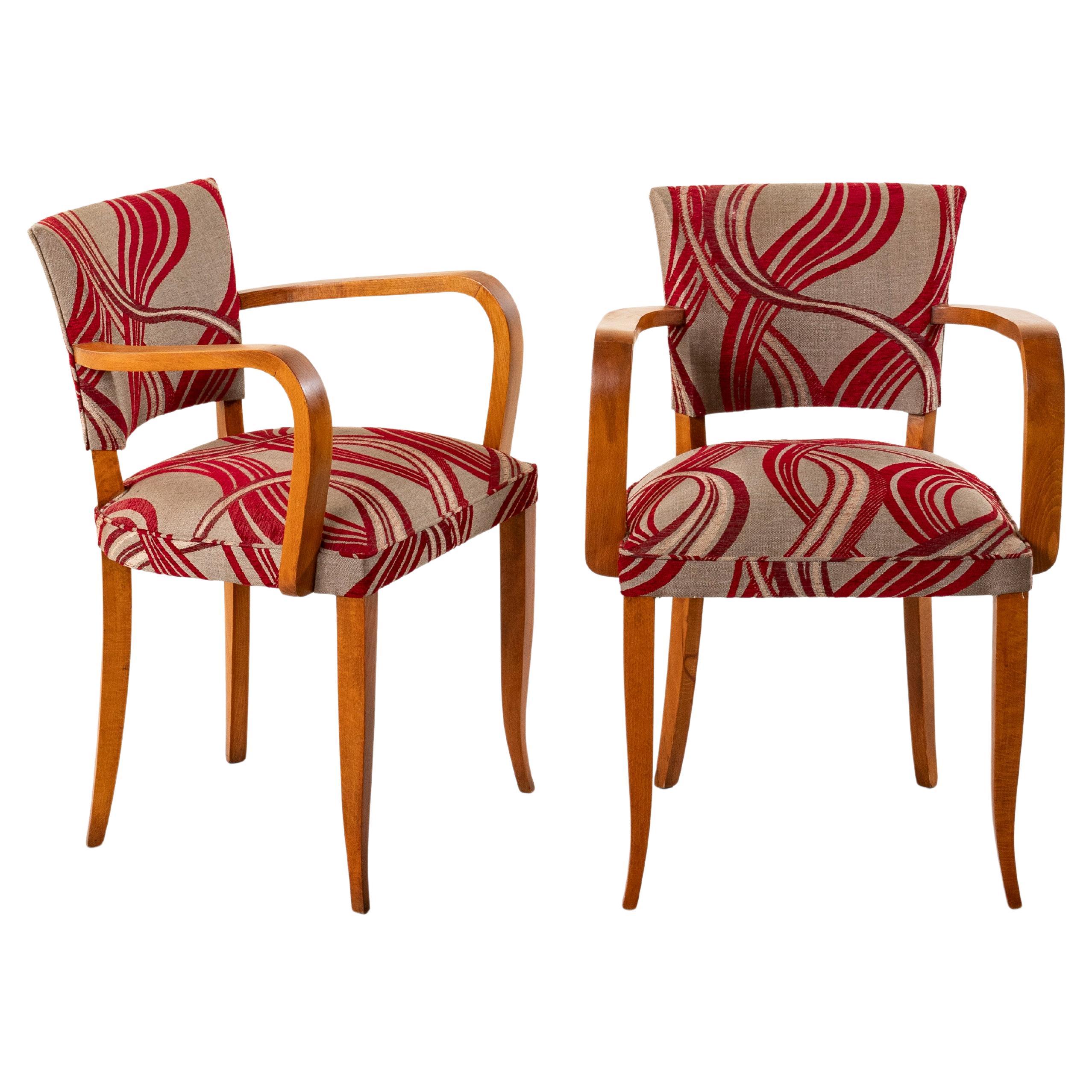 Mid-20th Century French Walnut Bridge Chairs in Red and Gray Upholstery For Sale