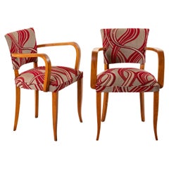 Mid-20th Century French Walnut Bridge Chairs in Red and Gray Upholstery