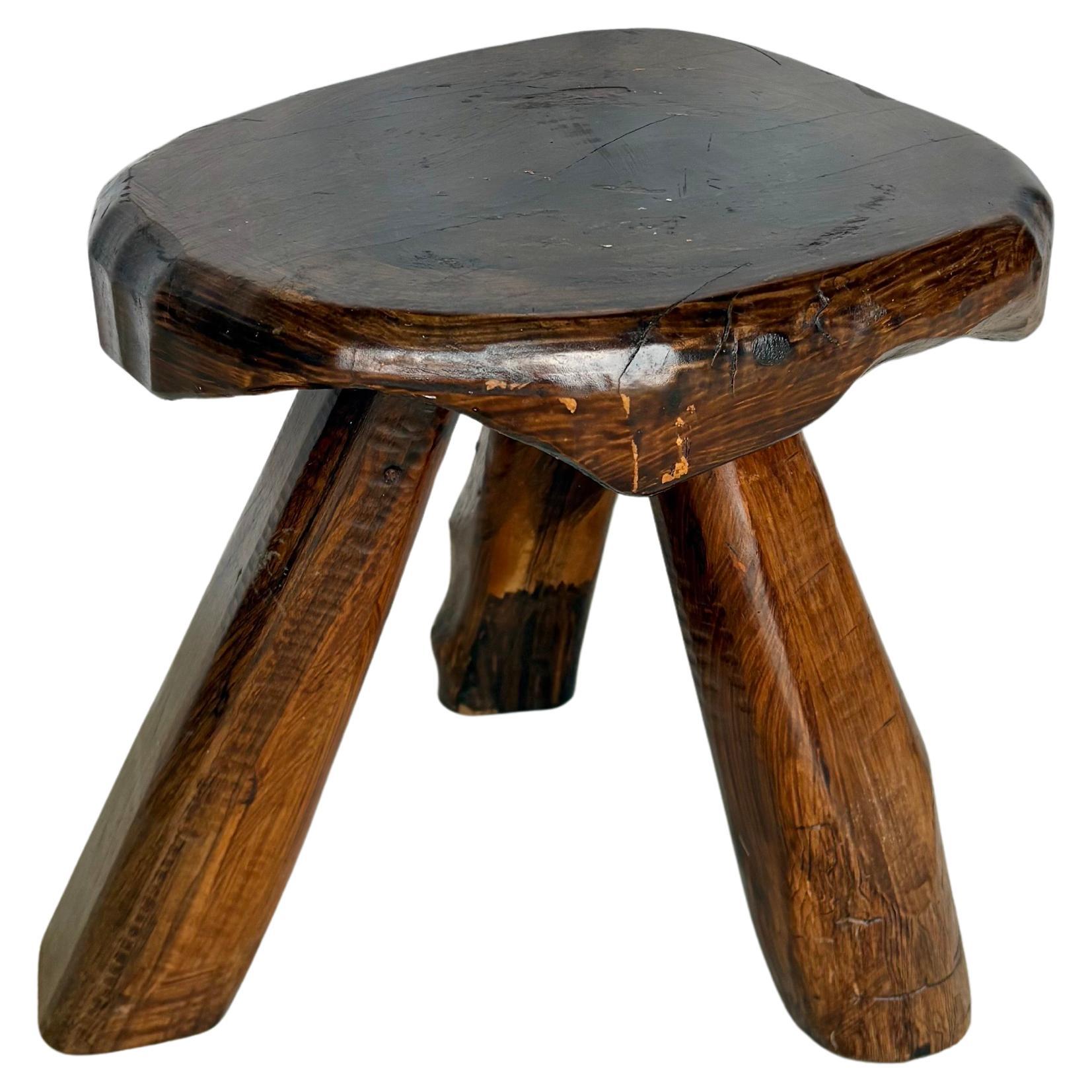 Mid 20th Century French Walnut Brutalist Tripod Stool For Sale