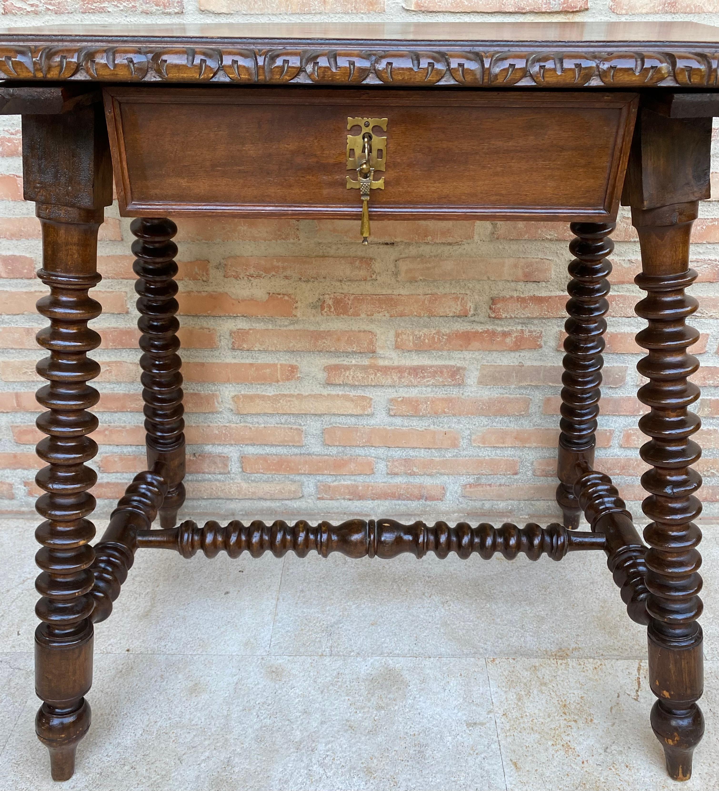 Baroque Mid 20th Century French Walnut Carved Side Table with Turned Legs and Stretcher For Sale