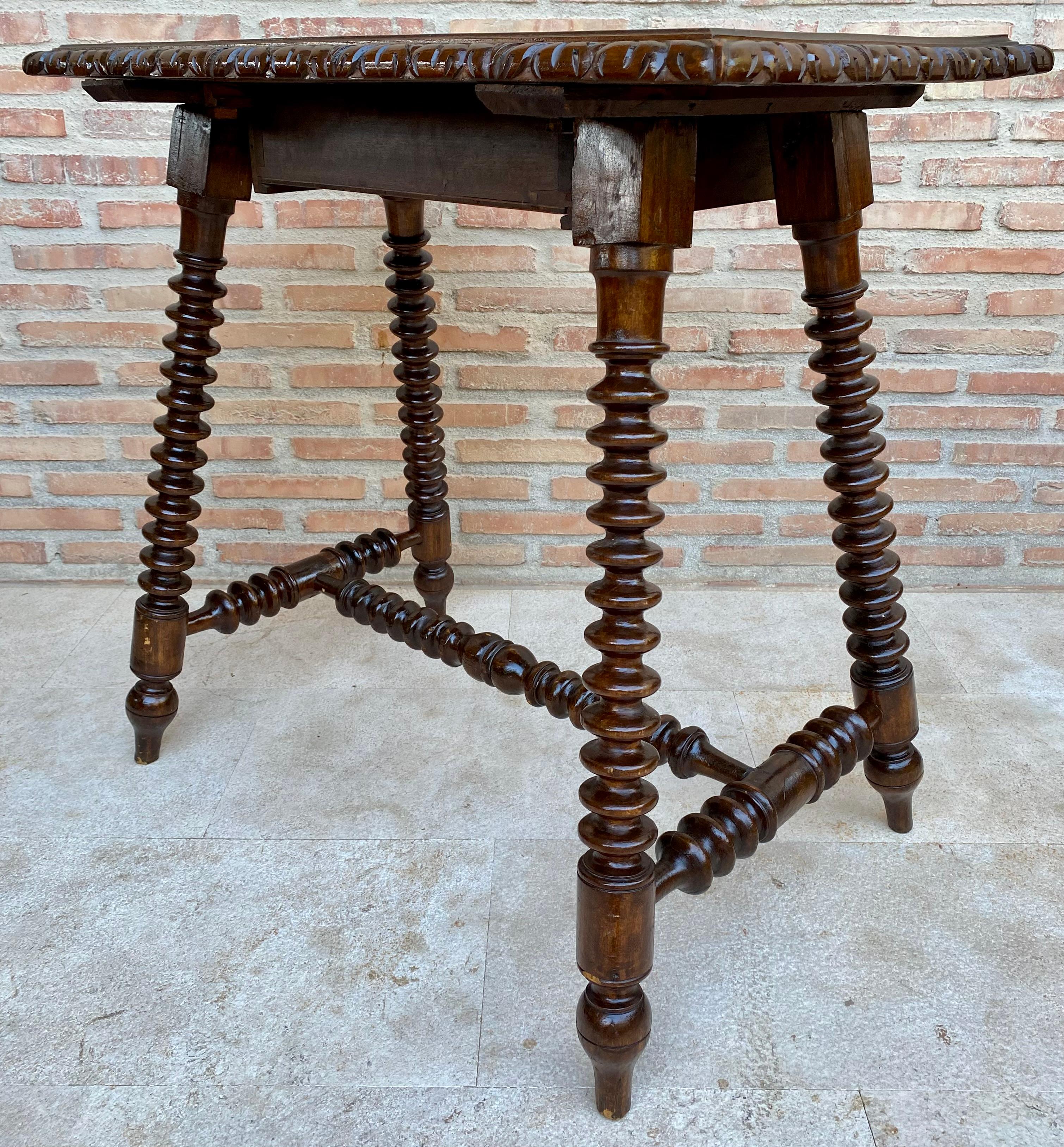 Mid 20th Century French Walnut Carved Side Table with Turned Legs and Stretcher For Sale 4