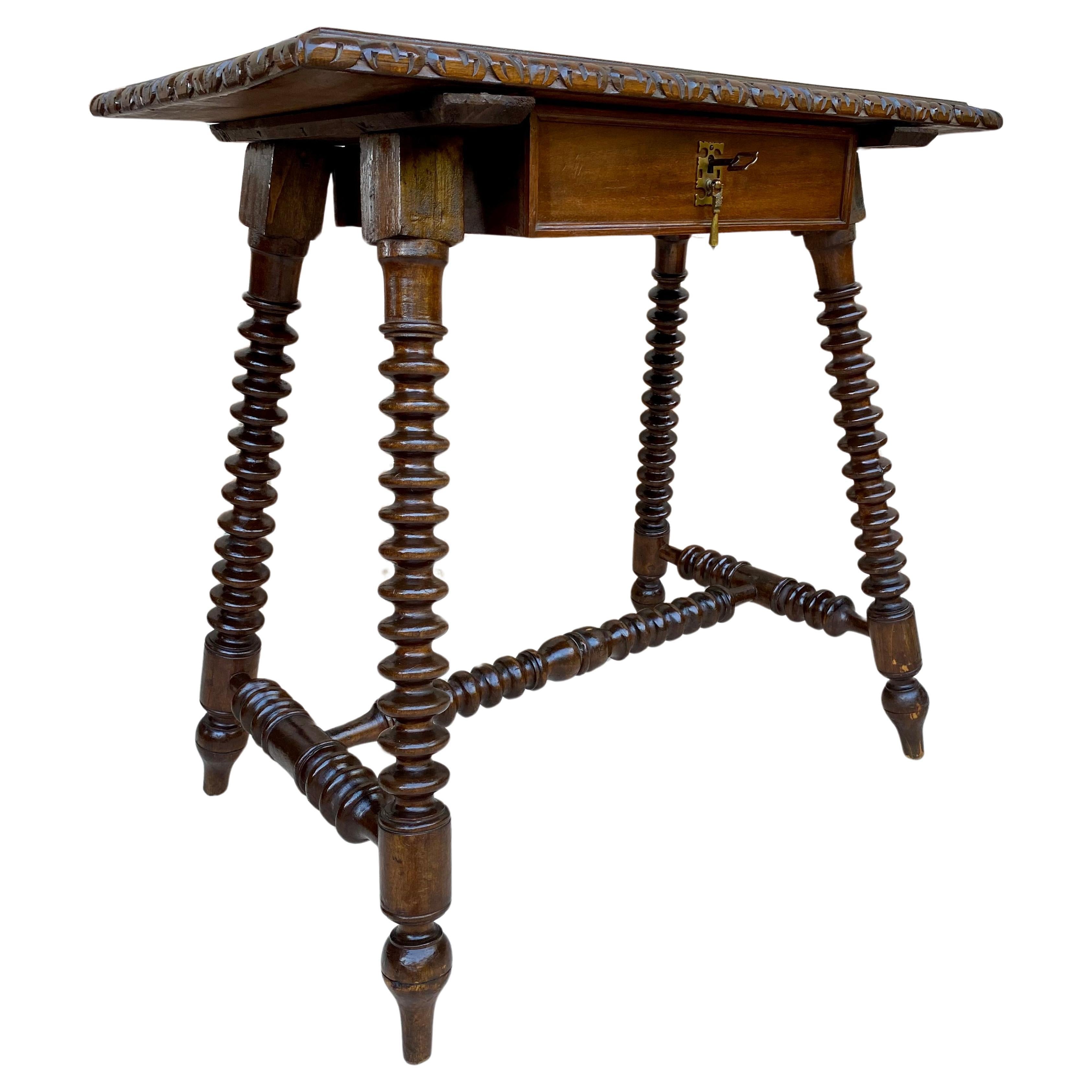 Mid 20th Century French Walnut Carved Side Table with Turned Legs and Stretcher For Sale
