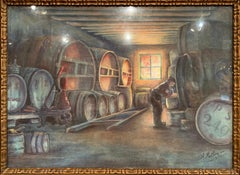 Mid-20th Century French Wine Cellar Painting in Gilt Frame Signed Mathieu, 1931