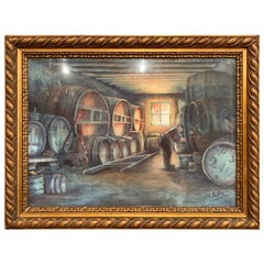 Antique Mid-20th Century French Wine Cellar Painting in Gilt Frame Signed Mathieu, 1931