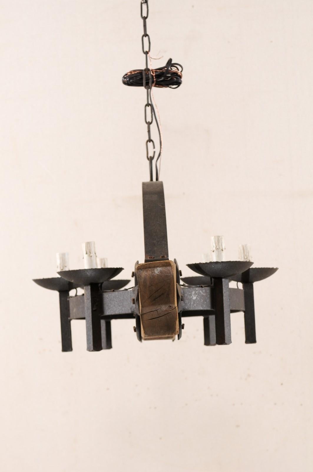 Mid-20th Century French Wood and Iron Chandelier For Sale 1