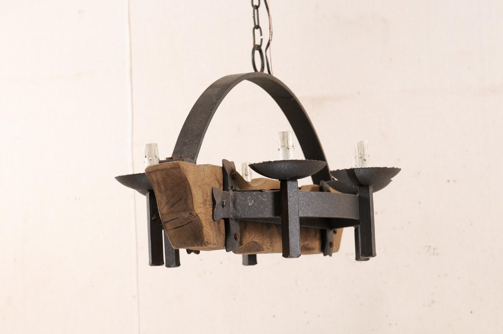 Mid-20th Century French Wood and Iron Chandelier For Sale 2