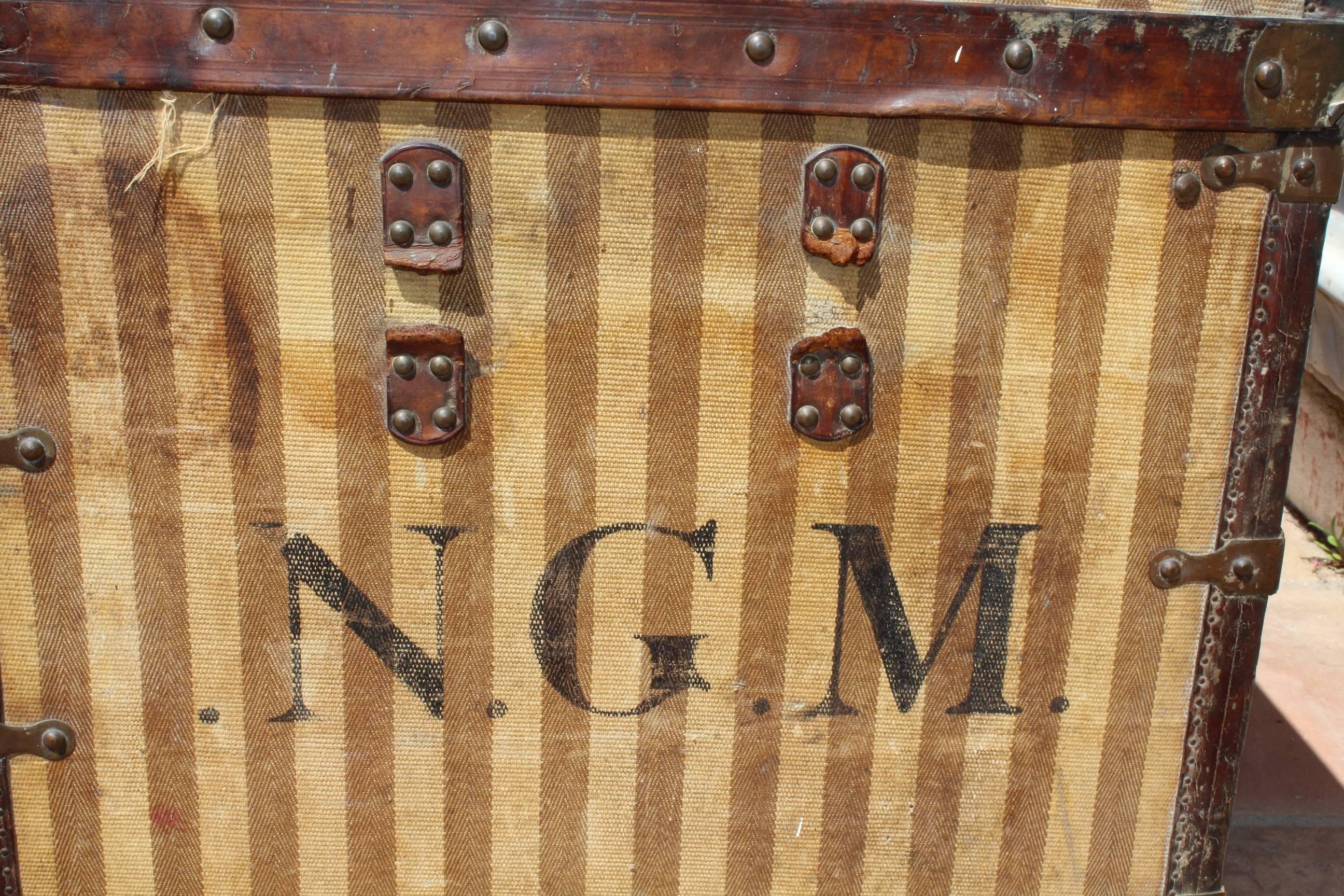 Mid-20th Century French Wooden Stripe Upholstered Travel Trunk 1