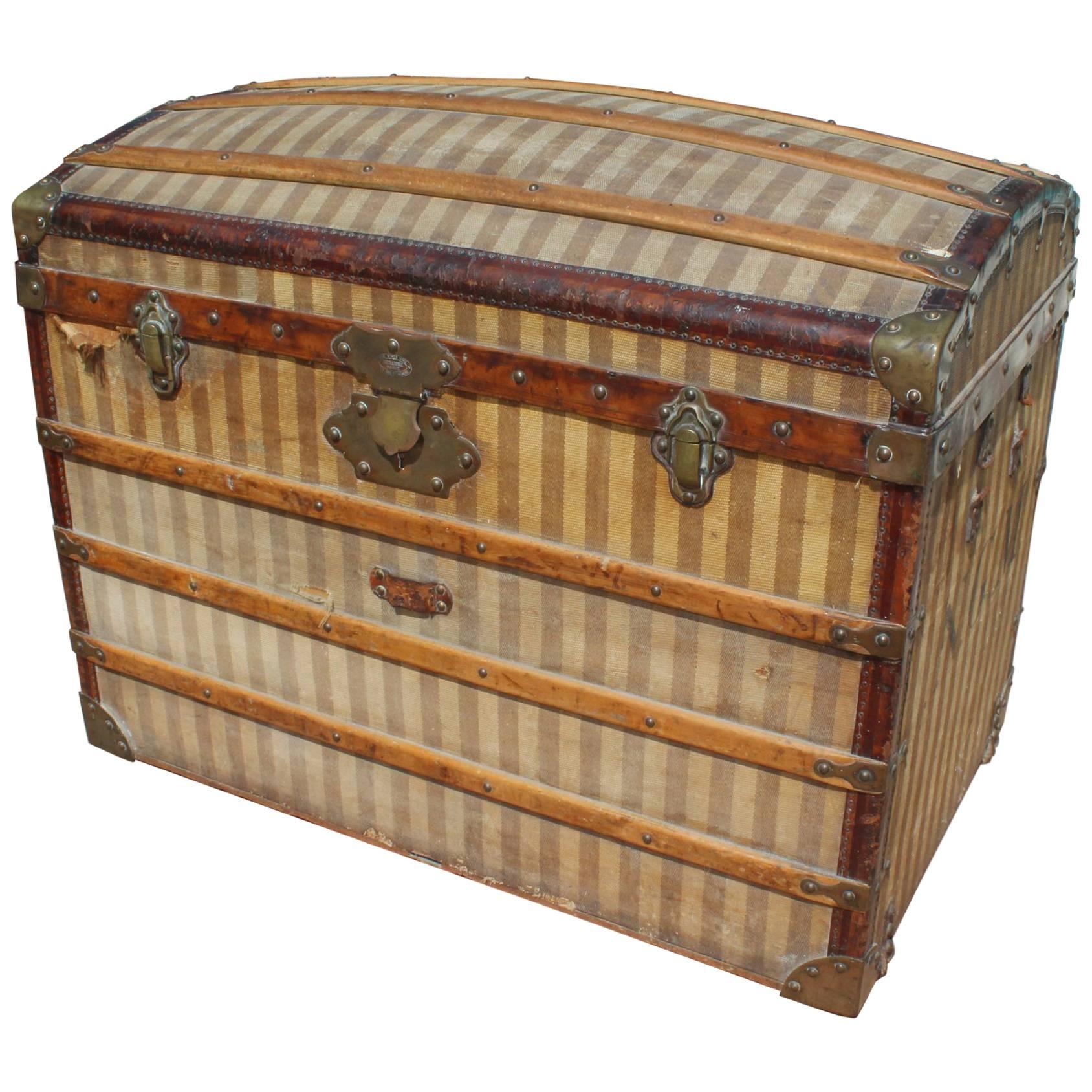 Mid-20th Century French Wooden Stripe Upholstered Travel Trunk