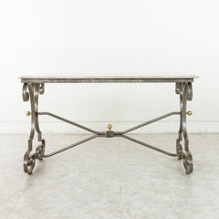 Mid 20th Century French Wrought Iron and Bronze Outdoor Dining Table, Glass Top