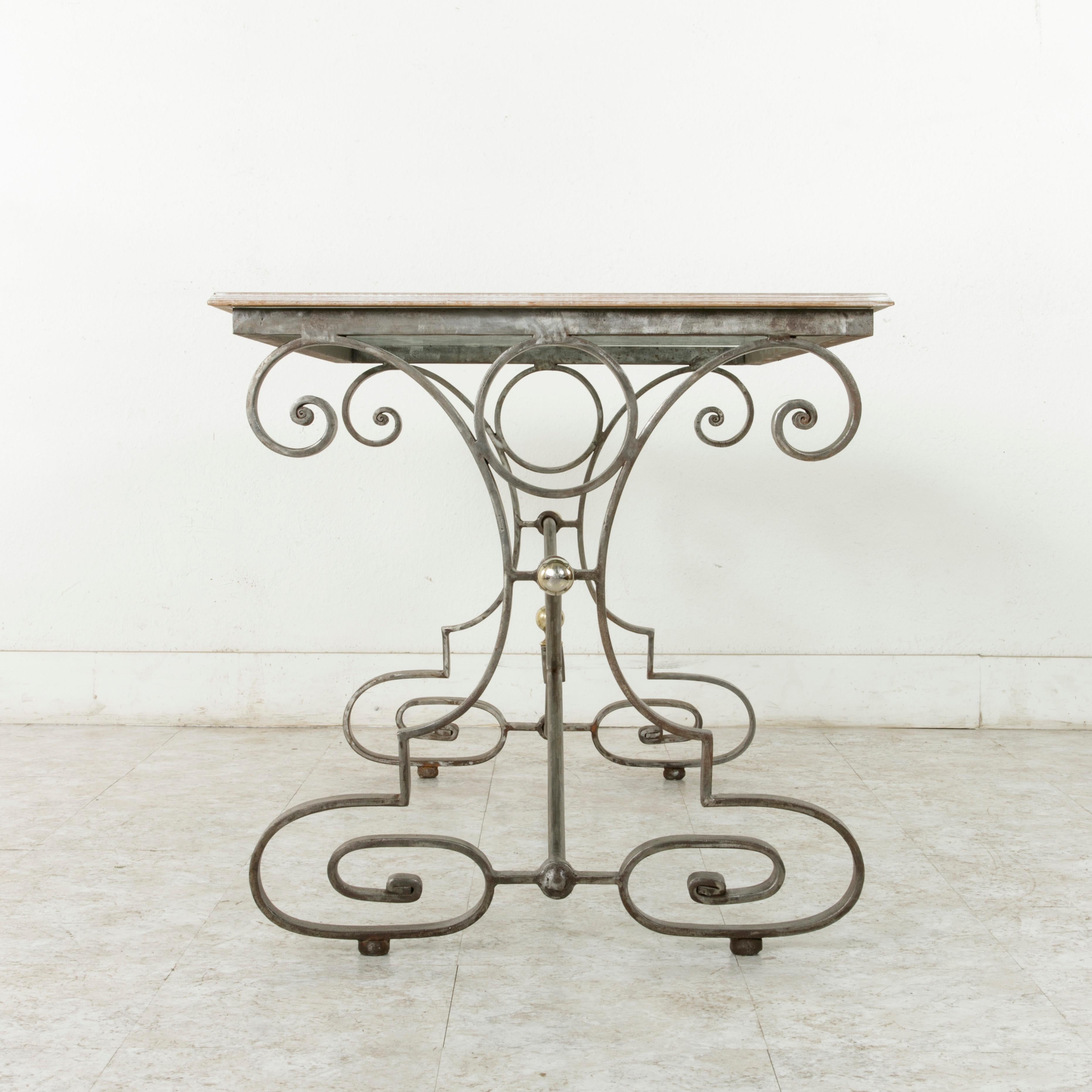 Painted Mid 20th Century French Wrought Iron and Bronze Outdoor Dining Table, Glass Top