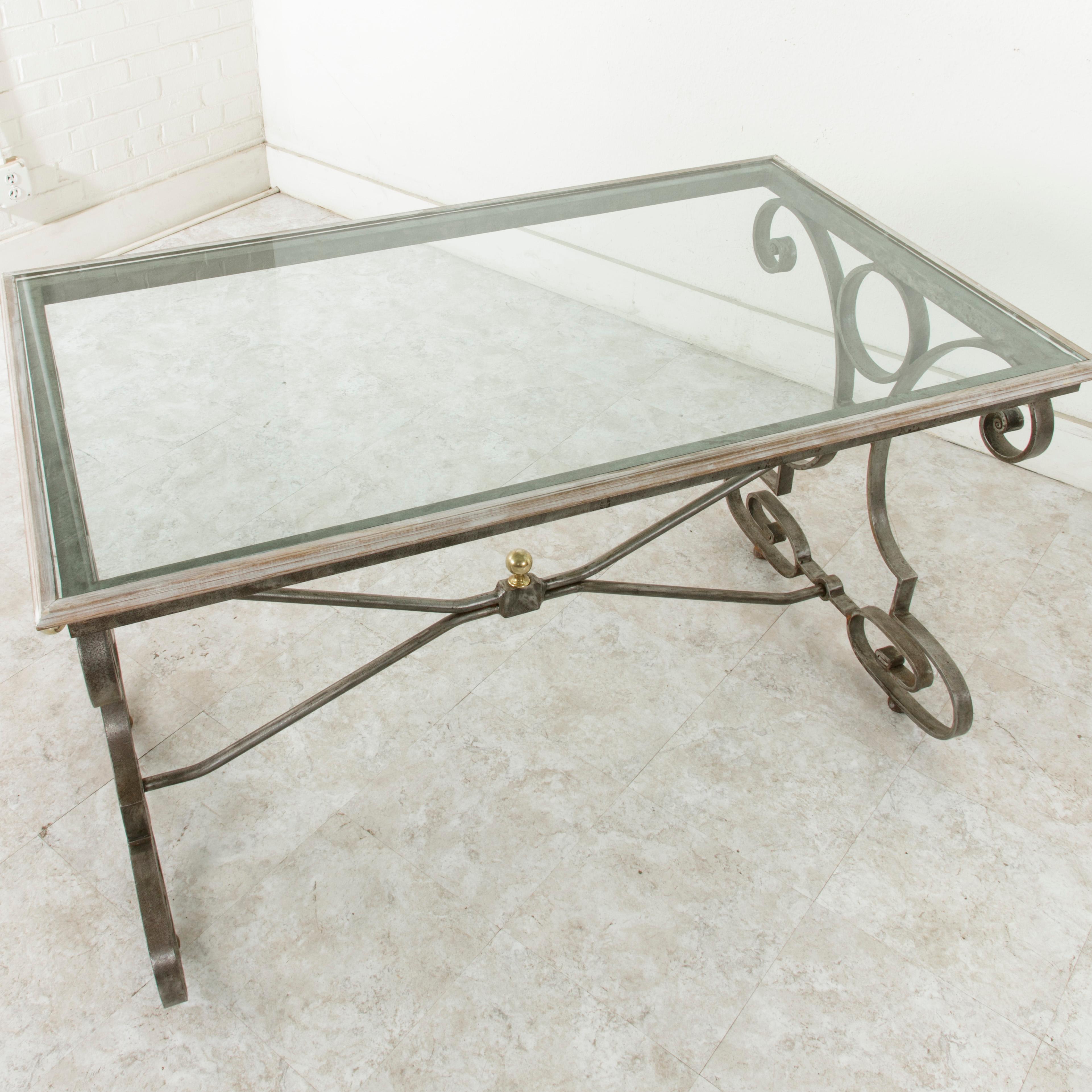 Mid 20th Century French Wrought Iron and Bronze Outdoor Dining Table, Glass Top In Good Condition In Fayetteville, AR