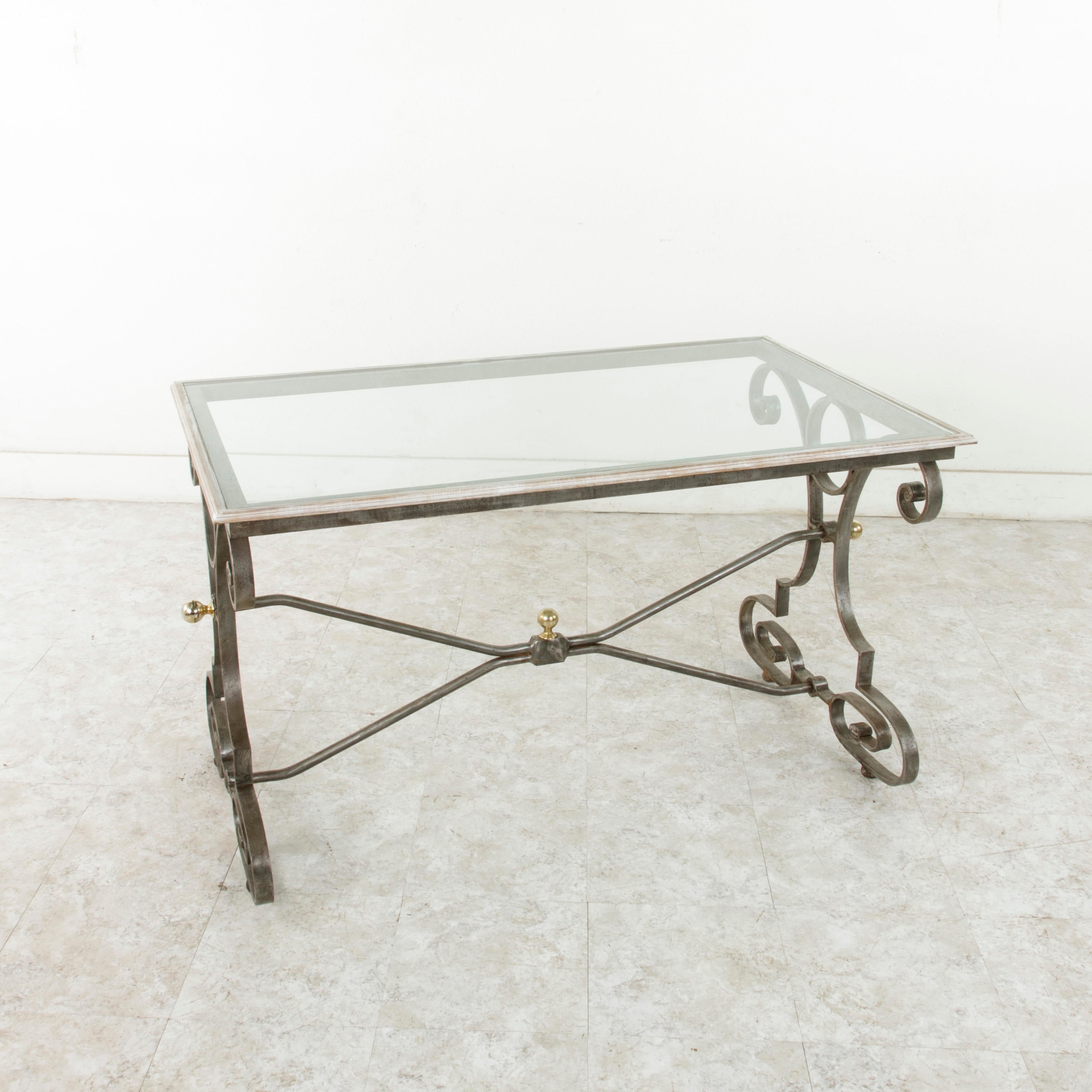 Wood Mid 20th Century French Wrought Iron and Bronze Outdoor Dining Table, Glass Top