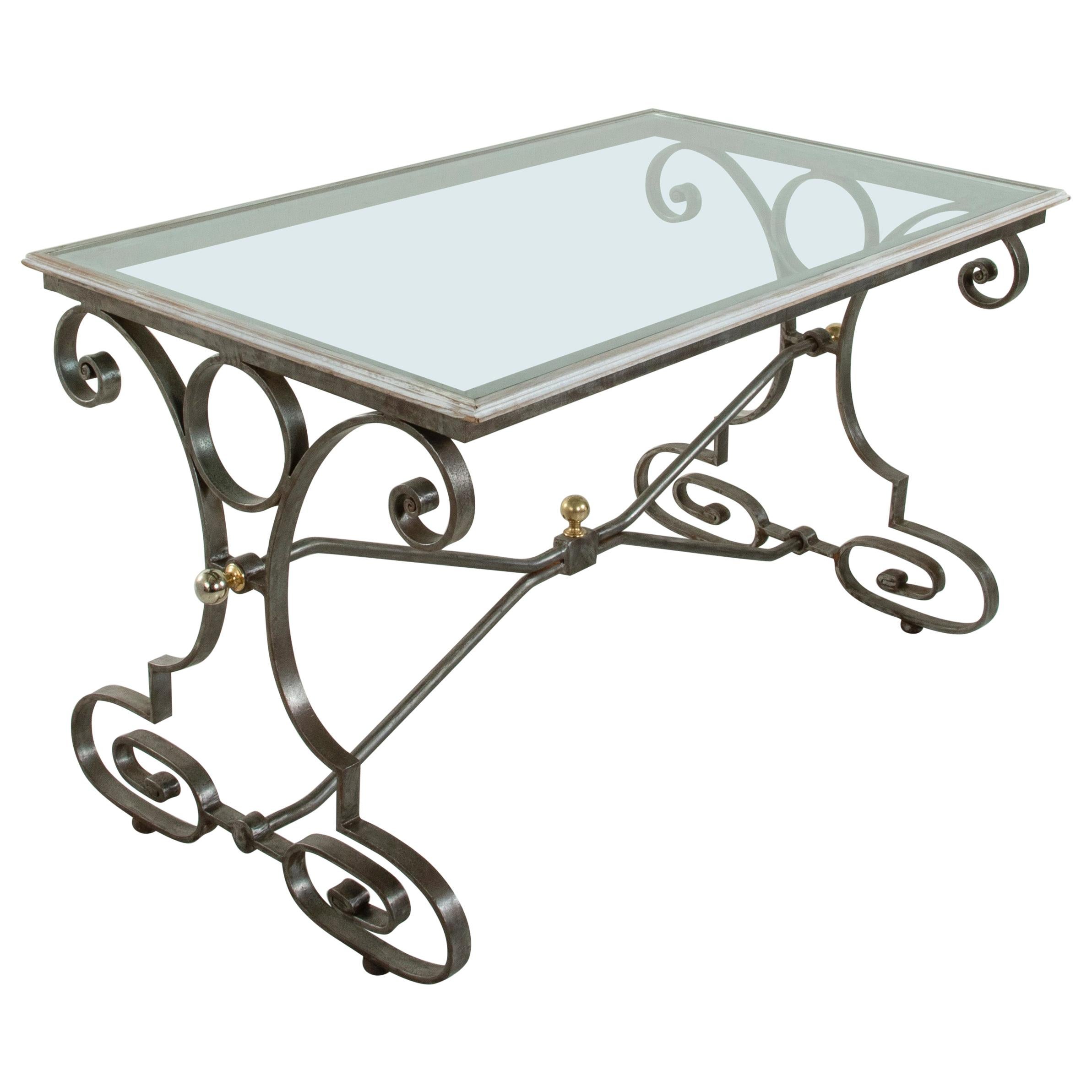 Mid 20th Century French Wrought Iron and Bronze Outdoor Dining Table, Glass Top