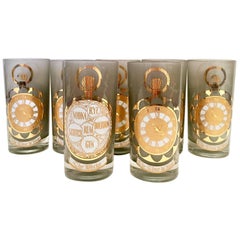Mid-20th Century Frosted 22-Karat Gold Printed High Ball Glasses, S/7