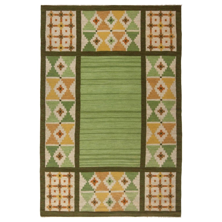 Mid-20th Century Geomatric Green Swedish Flat-Weave Rug by Doris Leslie Blau For Sale