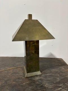 Mid 20th Century Geometric Brass Table Lamp and Shade