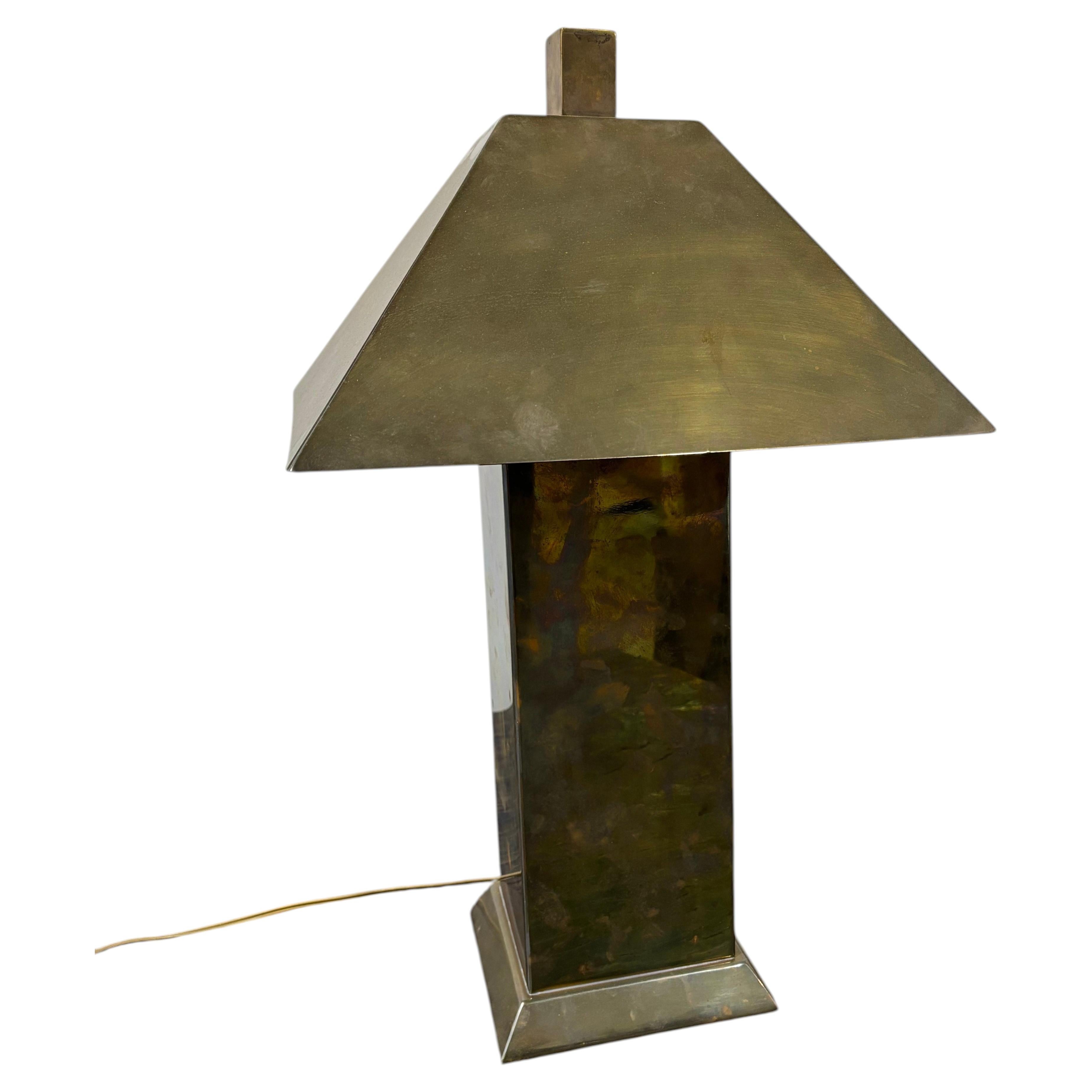 Mid 20th Century Geometric Brass Table Lamp and Shade