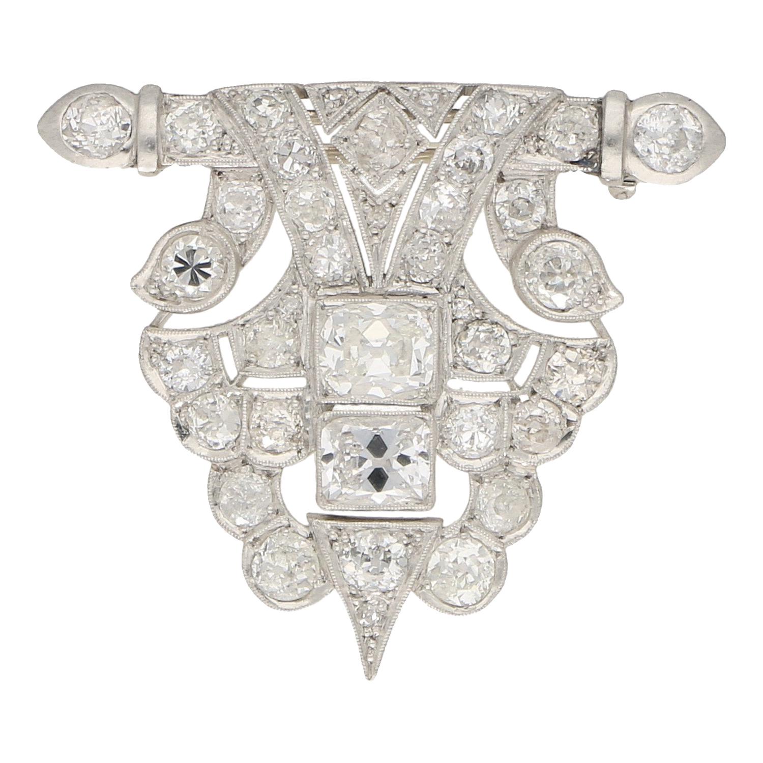 Mid-20th Century Geometric Panel Diamond Brooch in Platinum For Sale