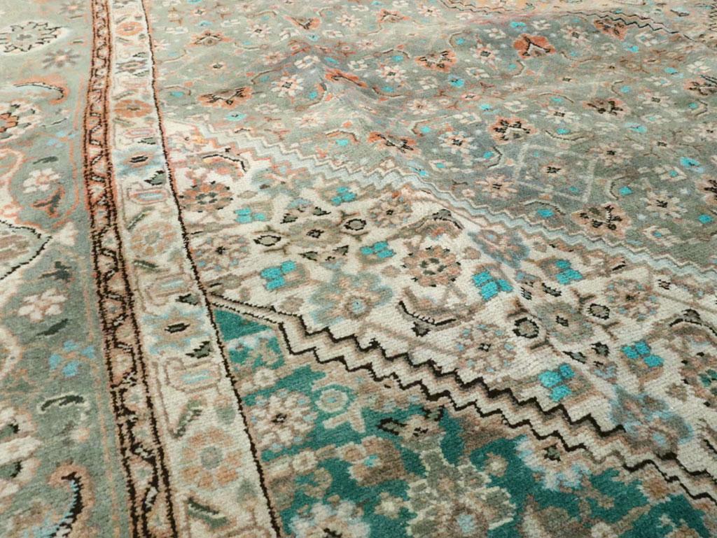 Tabriz Mid-20th Century Geometric Persian Rug in Green and Turquoise For Sale