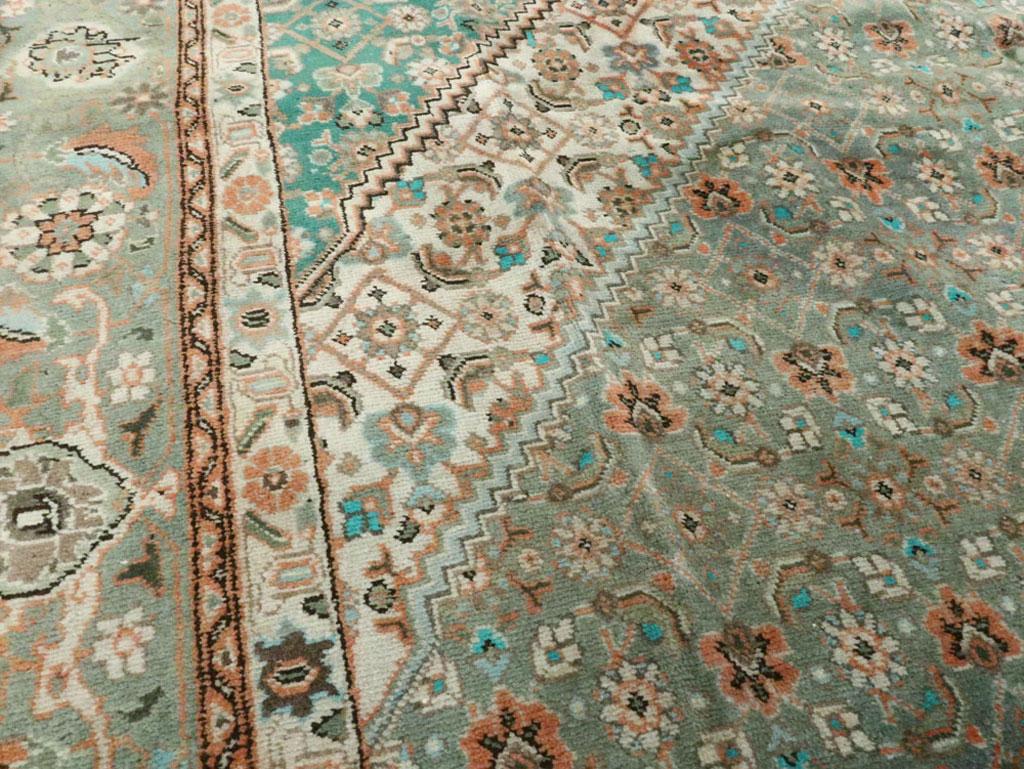 Hand-Knotted Mid-20th Century Geometric Persian Rug in Green and Turquoise For Sale